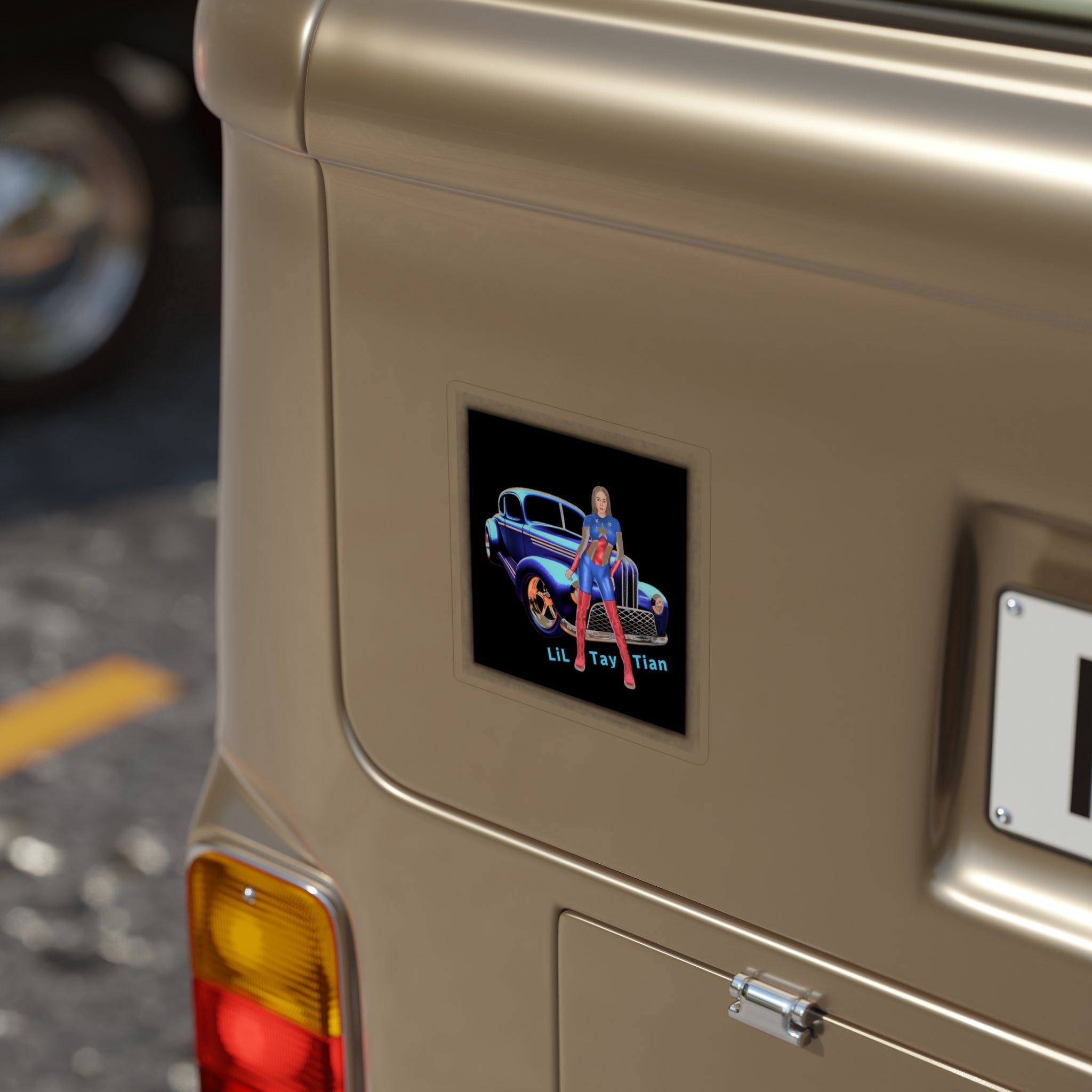 wrapped in the USA Flag  Retro vintage Blue Hot Rod  (“Lil Tay Tian”)  Die-Cut anyplace Sticker