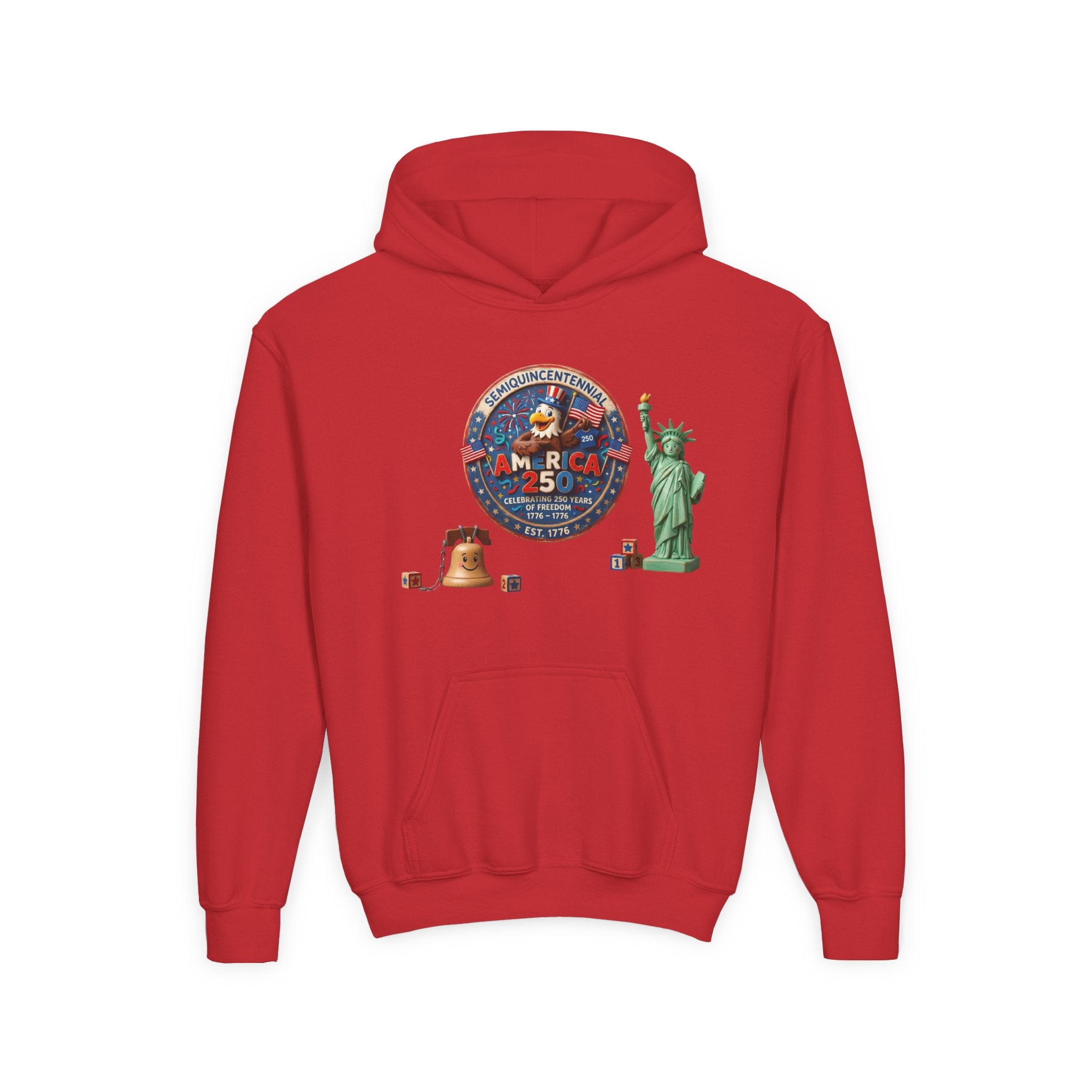 Youth Hoodie — Patriotic USA 250 celebrations, Liberty Bell & Statue of Liberty Design by LiLTay