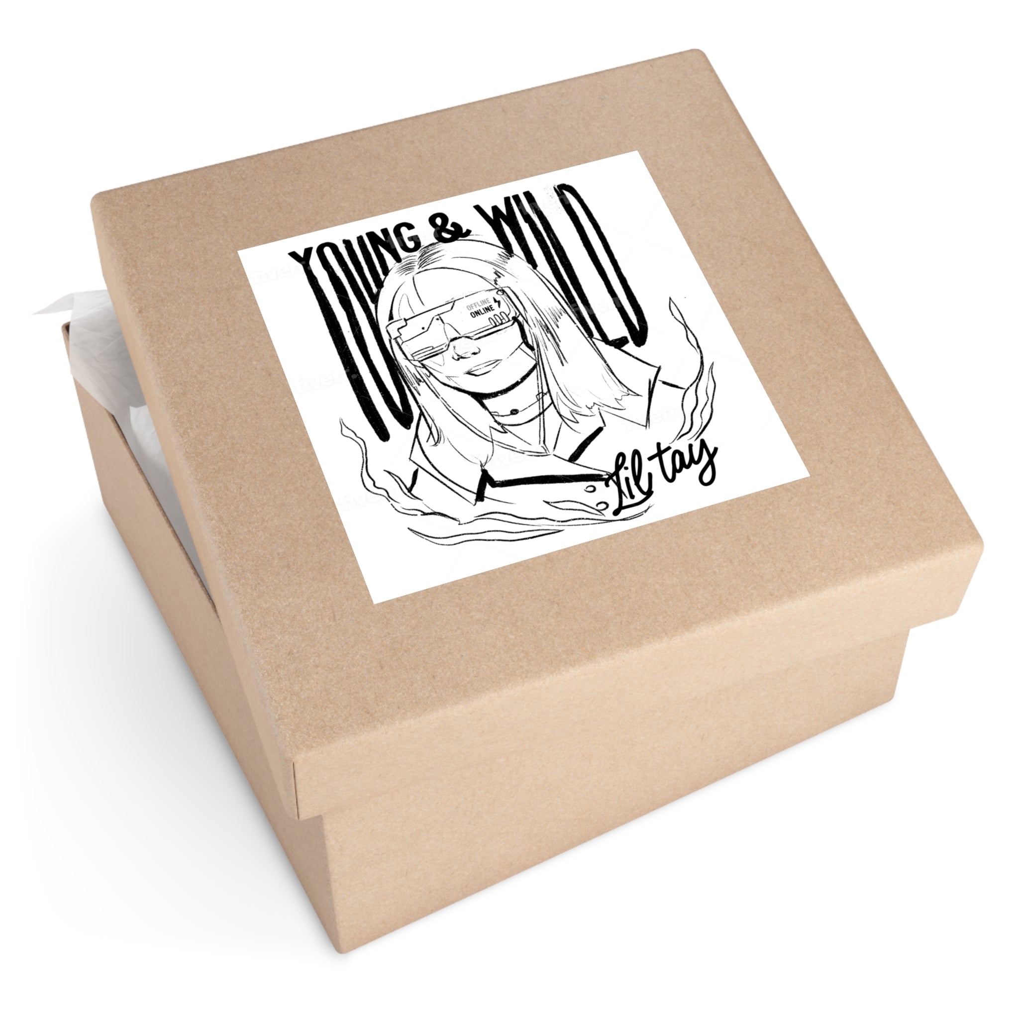 Young & Wild Square Sticker — 'Lil Tay' Black & White Illustration (Indoor/Outdoor)