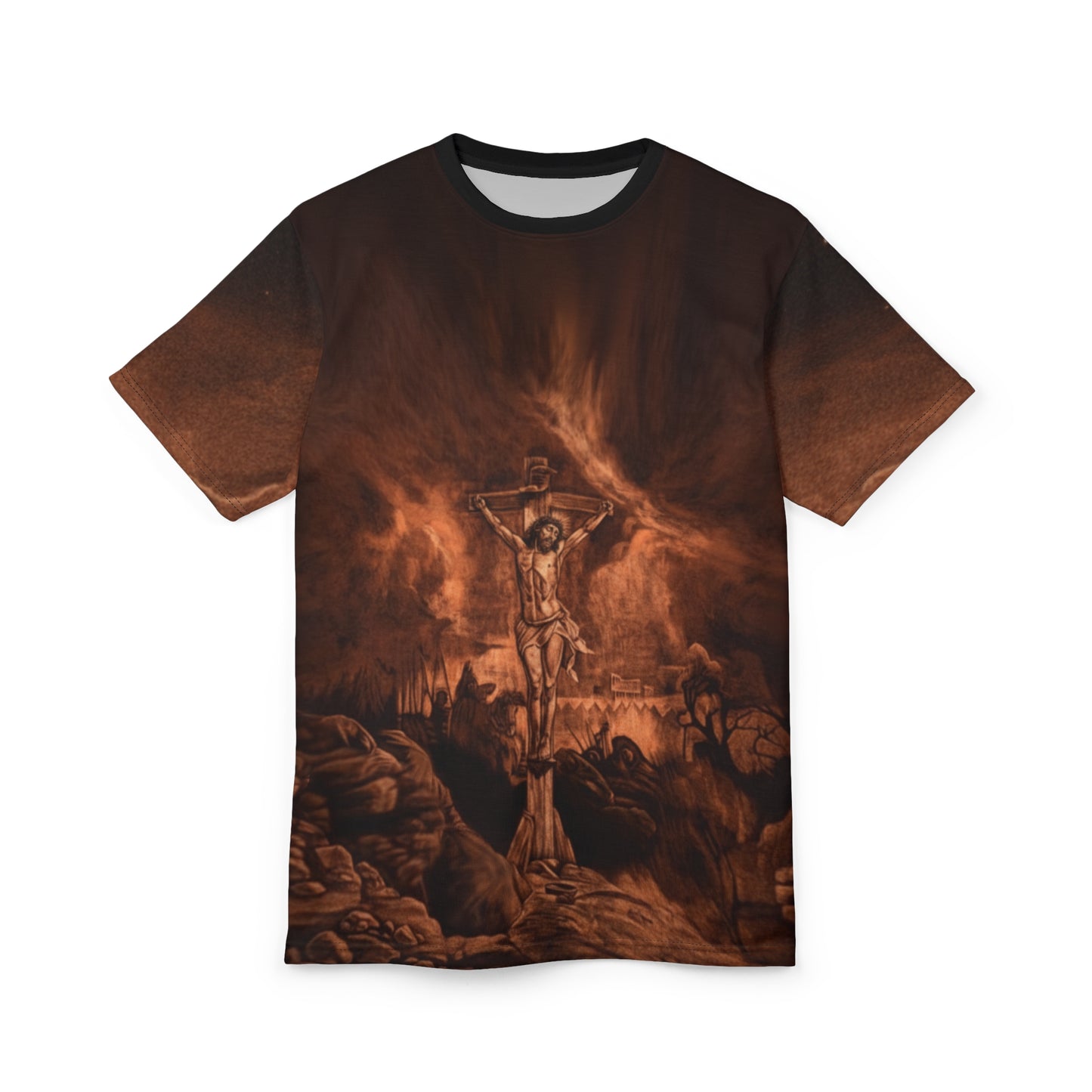 Jesus by LiLTay Crucifixion unisex God Tee — Sepia Religious All-Over Print Shirt
