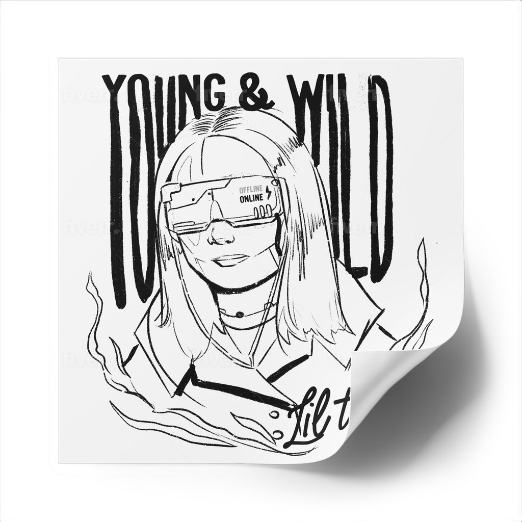 Young & Wild Square Sticker — 'Lil Tay' Black & White Illustration (Indoor/Outdoor)