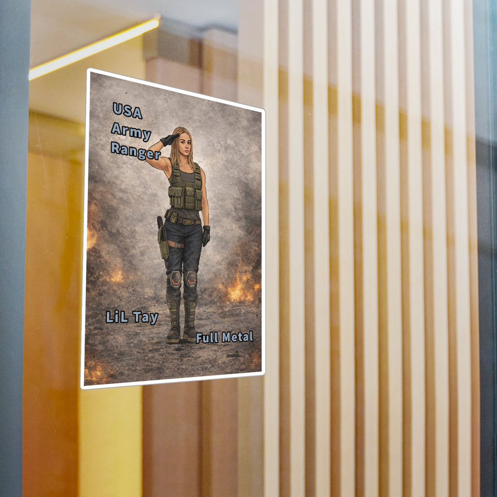 "USA Army Ranger"  (Lil Tay Full Metal) Kiss-Cut Vinyl Decal — "Ai Bing image creator" mod of original cartoon