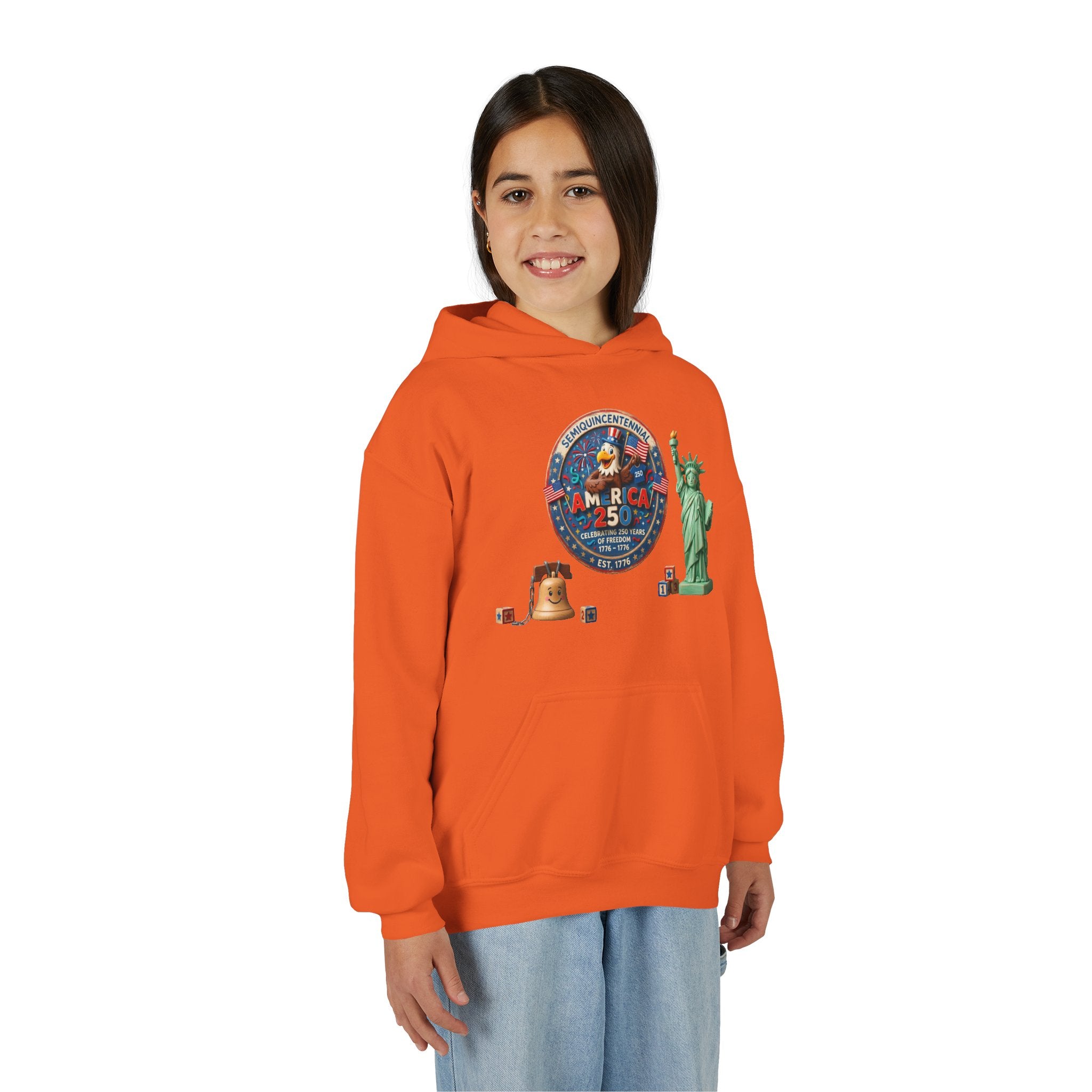 Youth Hoodie — Patriotic USA 250 celebrations, Liberty Bell & Statue of Liberty Design by LiLTay
