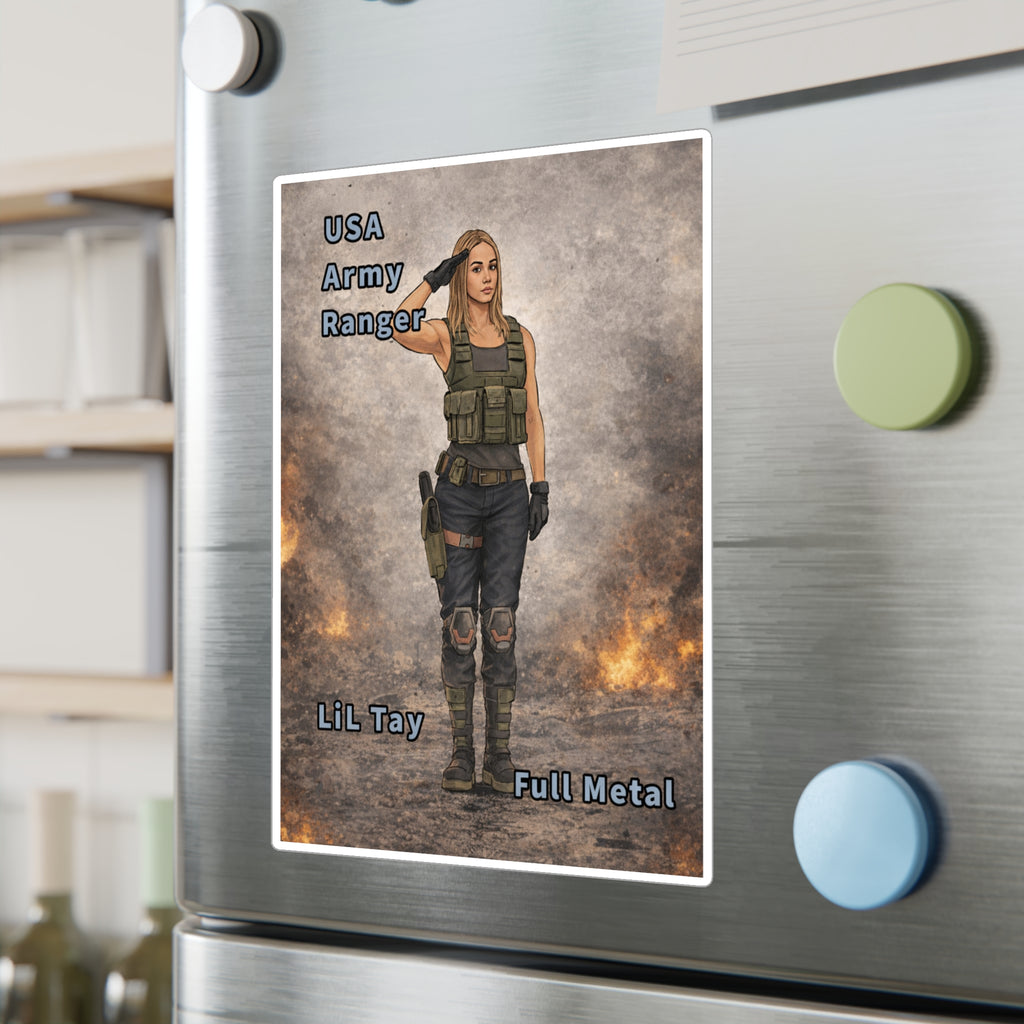"USA Army Ranger"  (Lil Tay Full Metal) Kiss-Cut Vinyl Decal — "Ai Bing image creator" mod of original cartoon