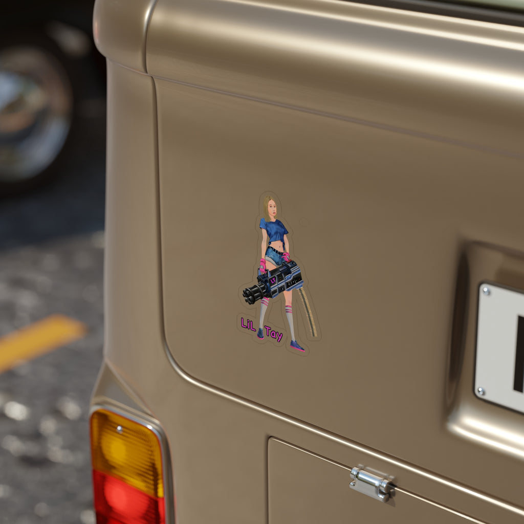'Lil Tay' Retro Gamer Girl with Minigun  (Indoor/Outdoor) Transparent Die-Cut Sticker —