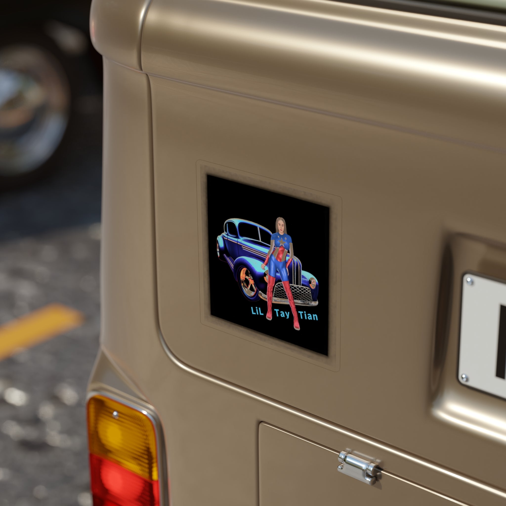 wrapped in the USA Flag  Retro vintage Blue Hot Rod  (“Lil Tay Tian”)  Die-Cut anyplace Sticker