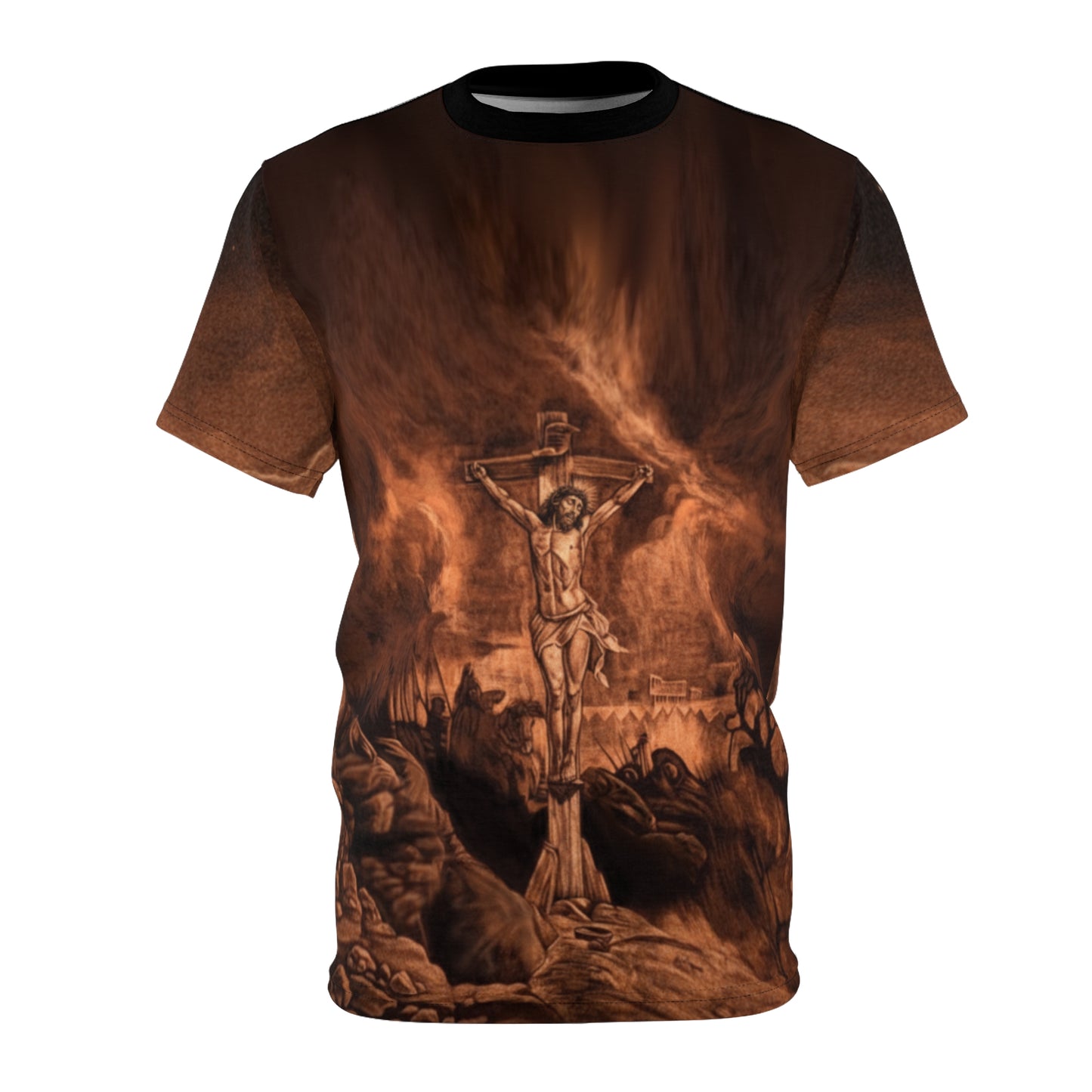 Jesus by LiLTay Crucifixion unisex God Tee — Sepia Religious All-Over Print Shirt