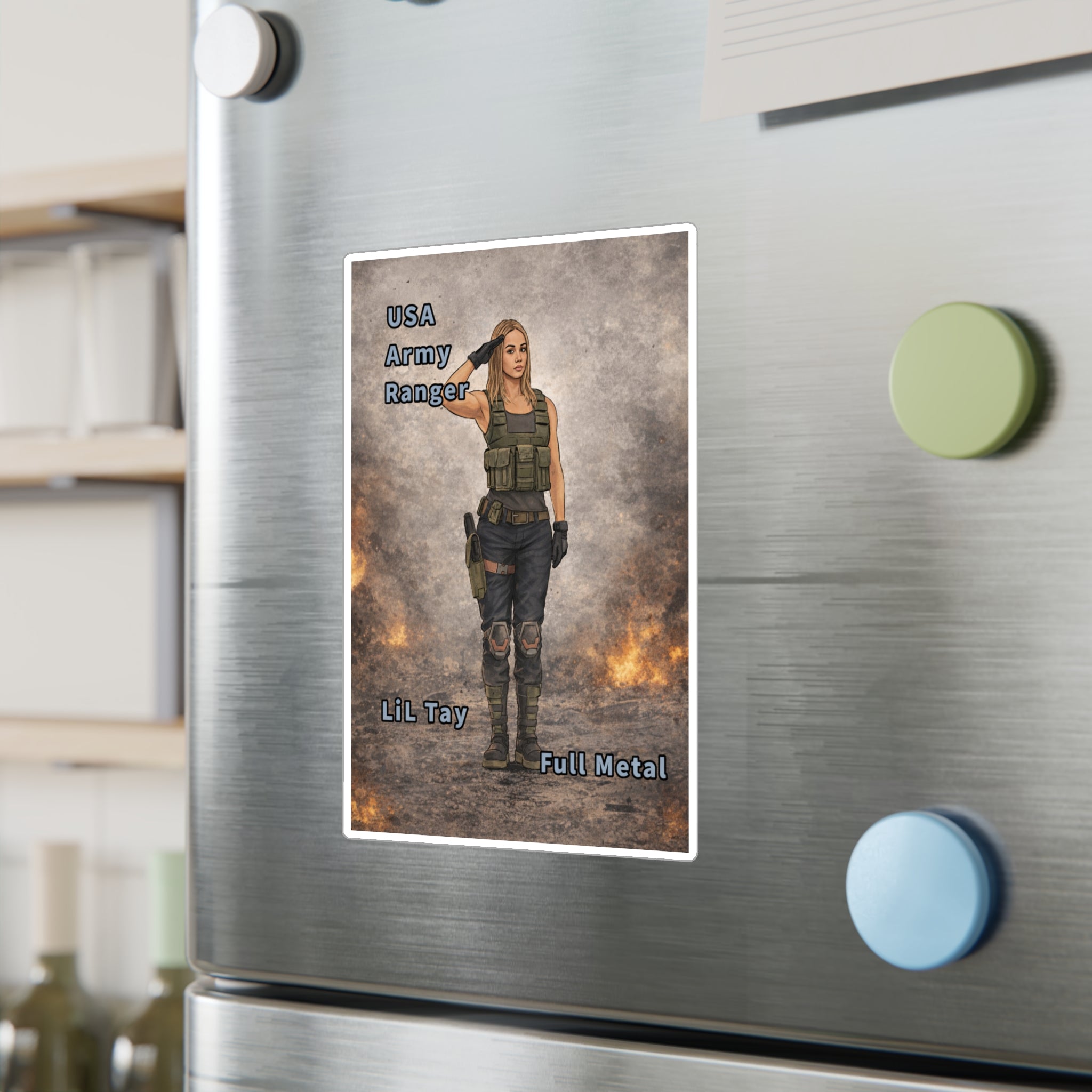 "USA Army Ranger"  (Lil Tay Full Metal) Kiss-Cut Vinyl Decal — "Ai Bing image creator" mod of original cartoon