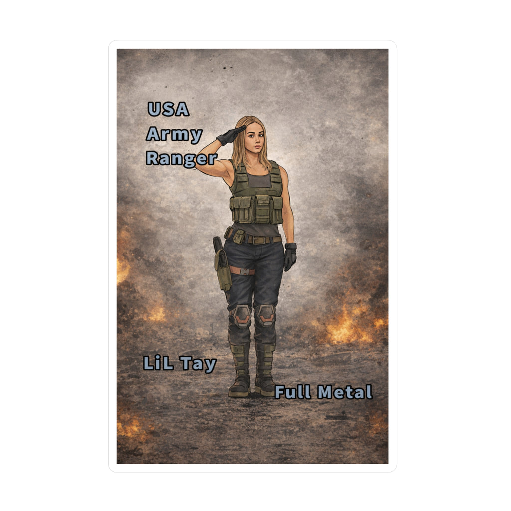 "USA Army Ranger"  (Lil Tay Full Metal) Kiss-Cut Vinyl Decal — "Ai Bing image creator" mod of original cartoon