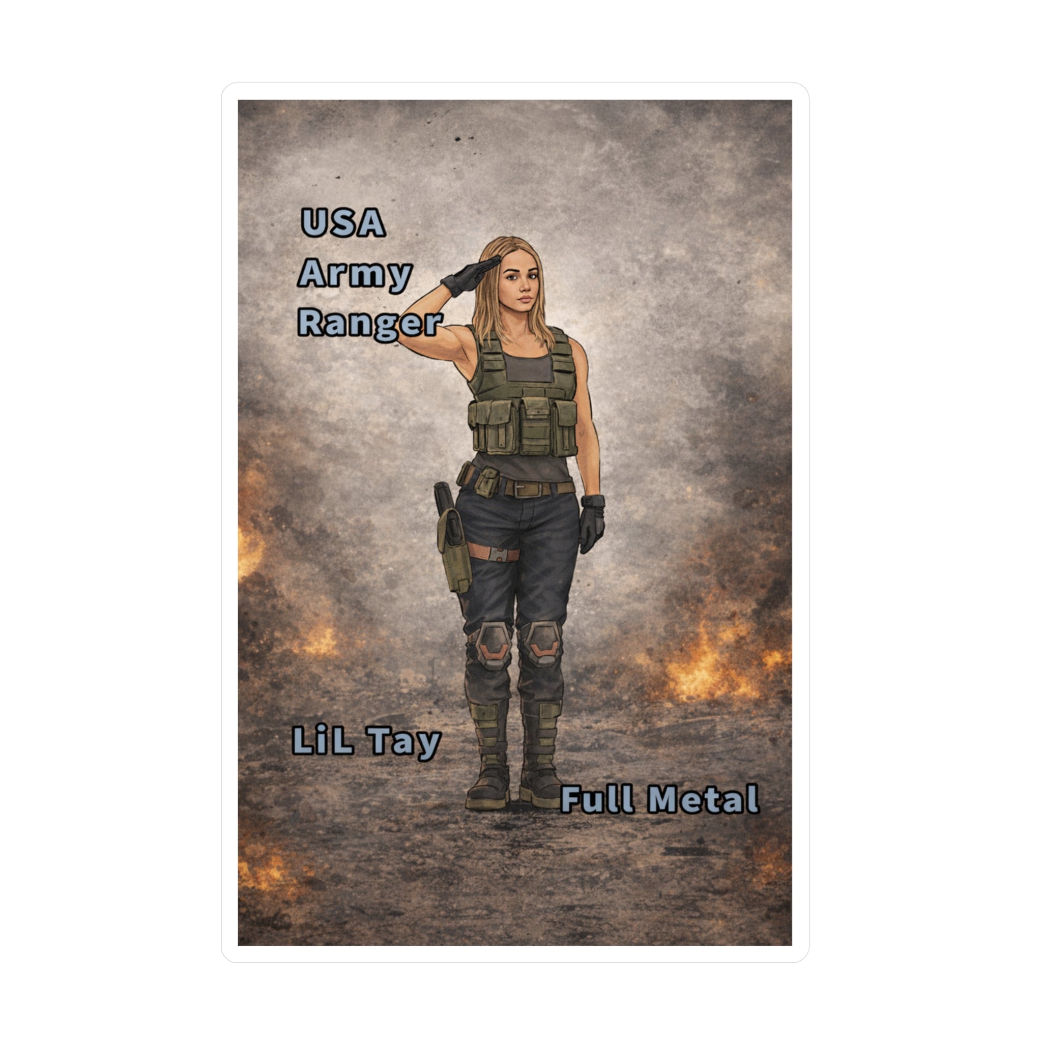 "USA Army Ranger"  (Lil Tay Full Metal) Kiss-Cut Vinyl Decal — "Ai Bing image creator" mod of original cartoon