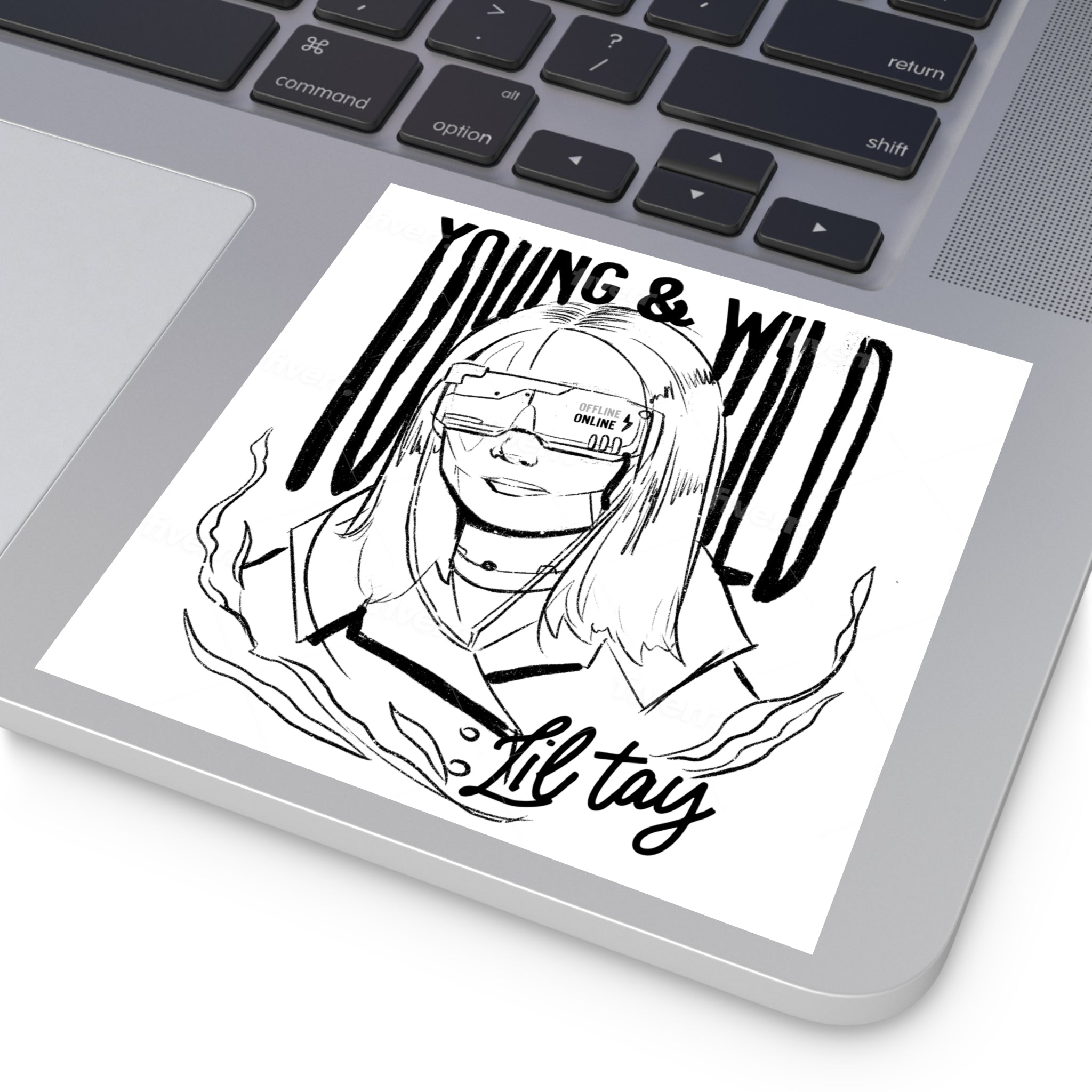 Young & Wild Square Sticker — 'Lil Tay' Black & White Illustration (Indoor/Outdoor)