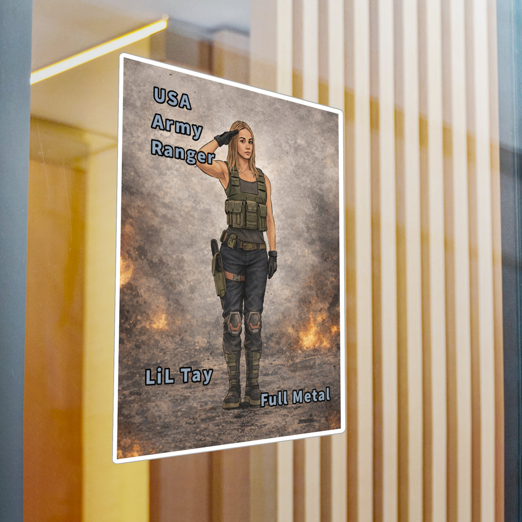 "USA Army Ranger"  (Lil Tay Full Metal) Kiss-Cut Vinyl Decal — "Ai Bing image creator" mod of original cartoon