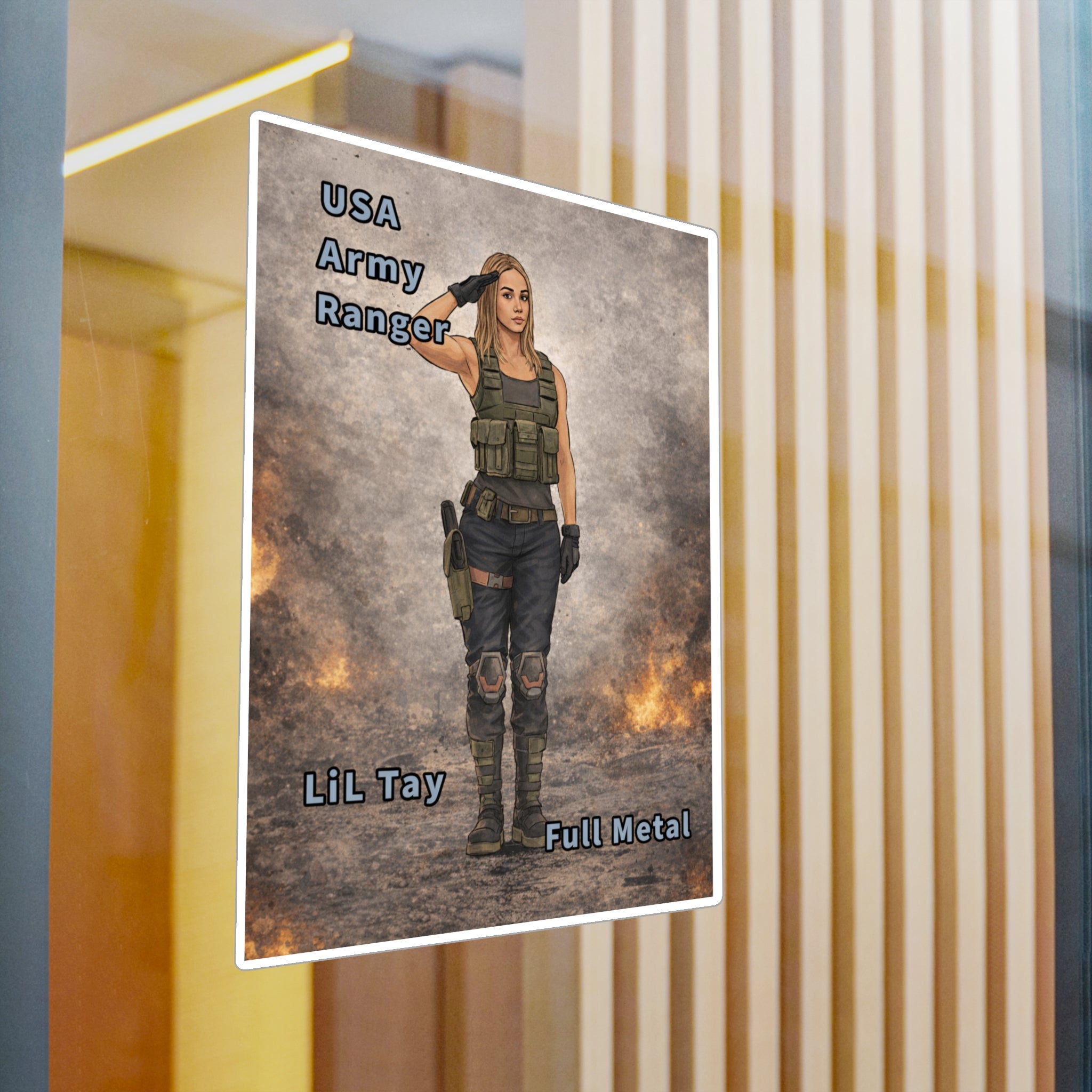 "USA Army Ranger"  (Lil Tay Full Metal) Kiss-Cut Vinyl Decal — "Ai Bing image creator" mod of original cartoon