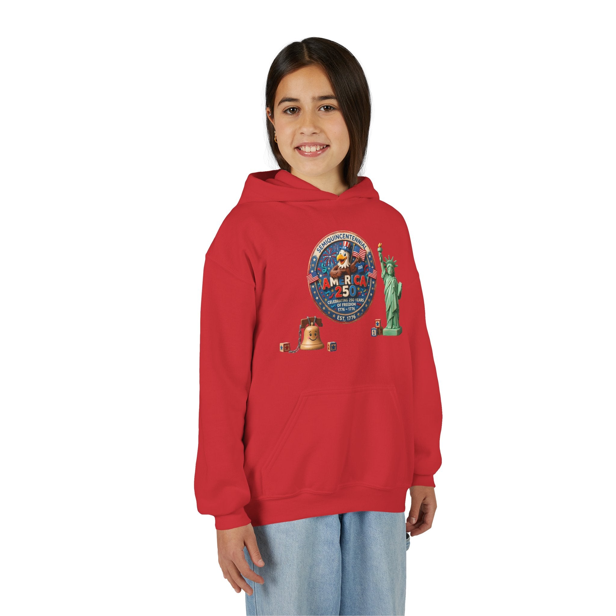 Youth Hoodie — Patriotic USA 250 celebrations, Liberty Bell & Statue of Liberty Design by LiLTay