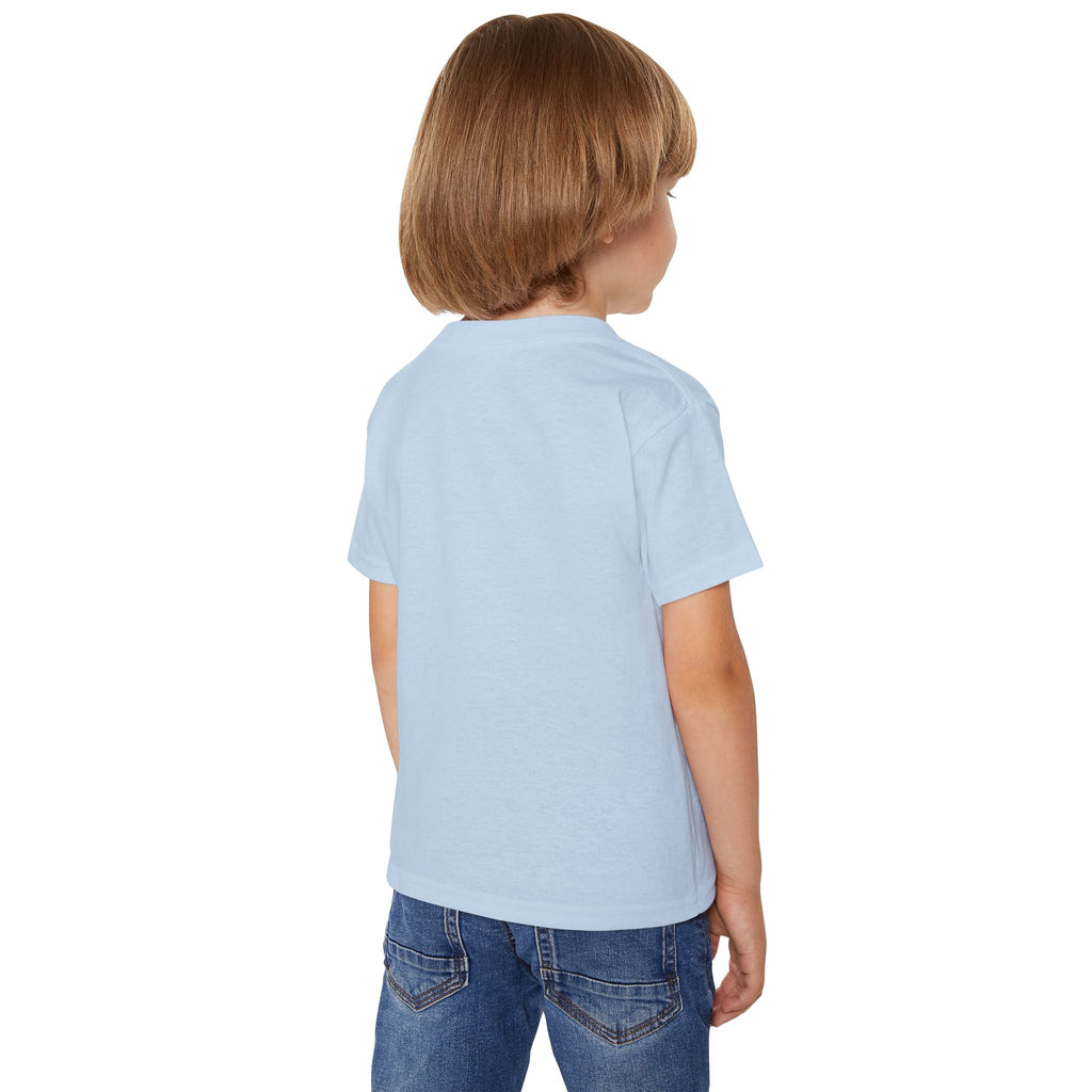 Child wearing a light blue polo shirt and jeans on a white background