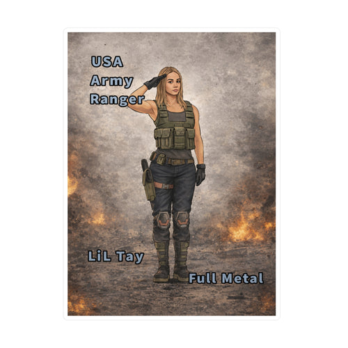 "USA Army Ranger"  (Lil Tay Full Metal) Kiss-Cut Vinyl Decal — "Ai Bing image creator" mod of original cartoon