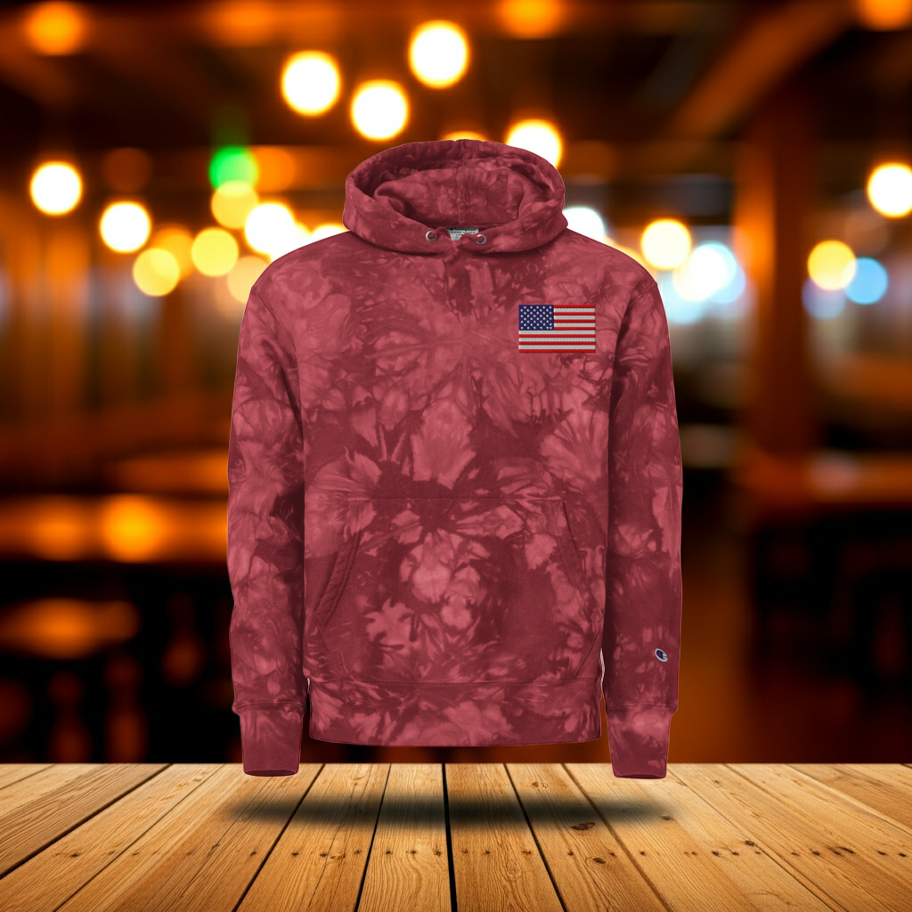 USA Flag stiched onto a Unisex Champion tie-dye hoodie from LiLTay