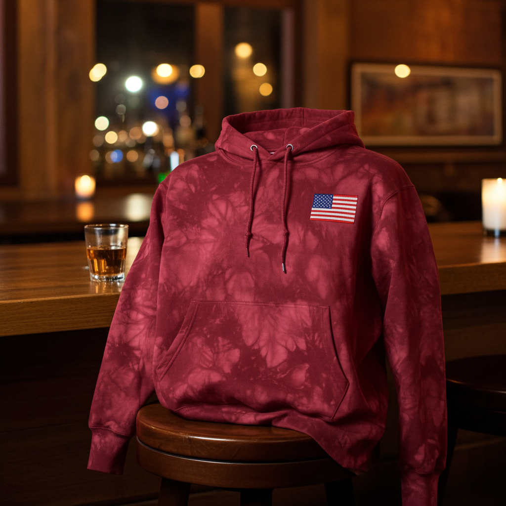 USA Flag stiched onto a Unisex Champion tie-dye hoodie from LiLTay