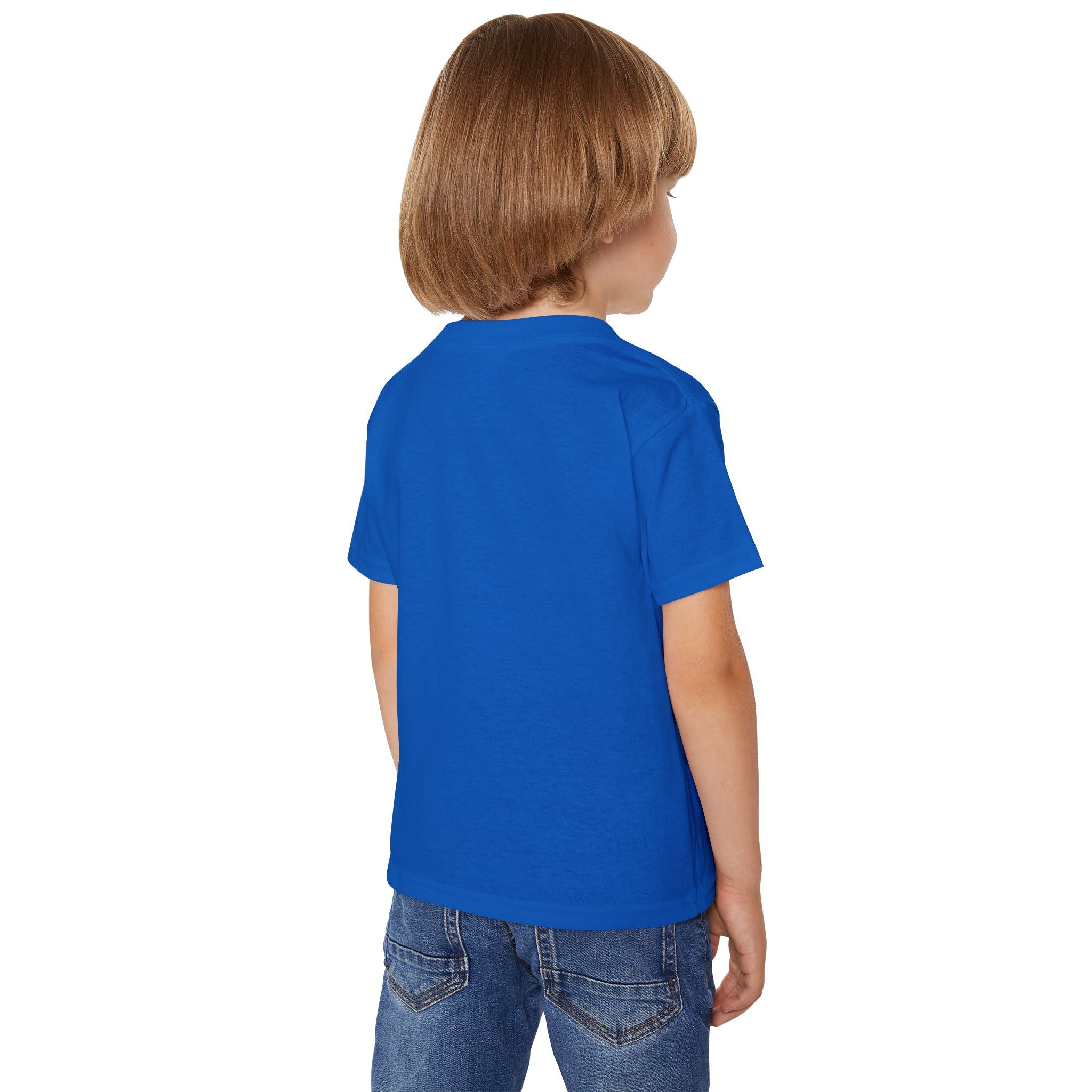 Child wearing a blue t-shirt on a white background