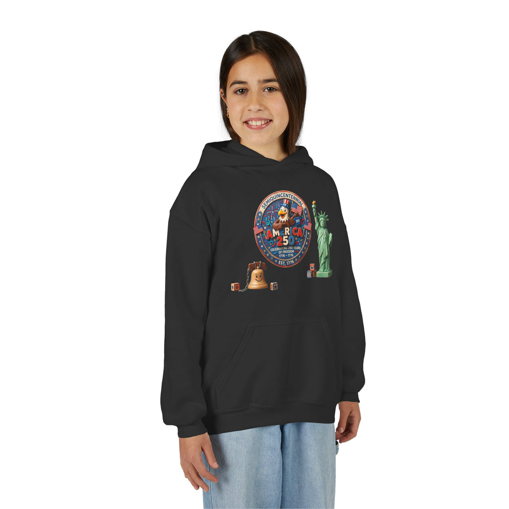 Youth Hoodie — Patriotic USA 250 celebrations, Liberty Bell & Statue of Liberty Design by LiLTay