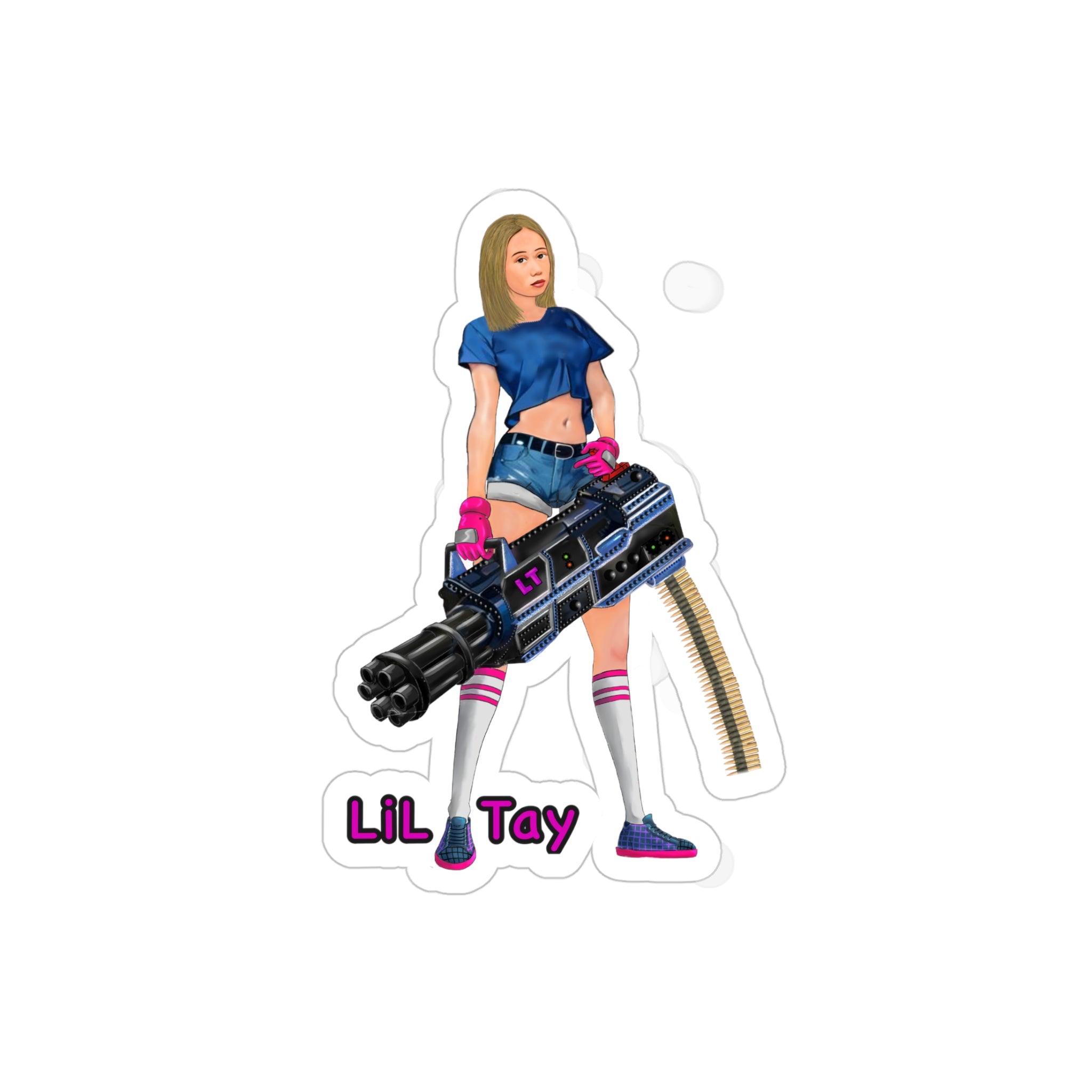 'Lil Tay' Retro Gamer Girl with Minigun  (Indoor/Outdoor) Transparent Die-Cut Sticker —