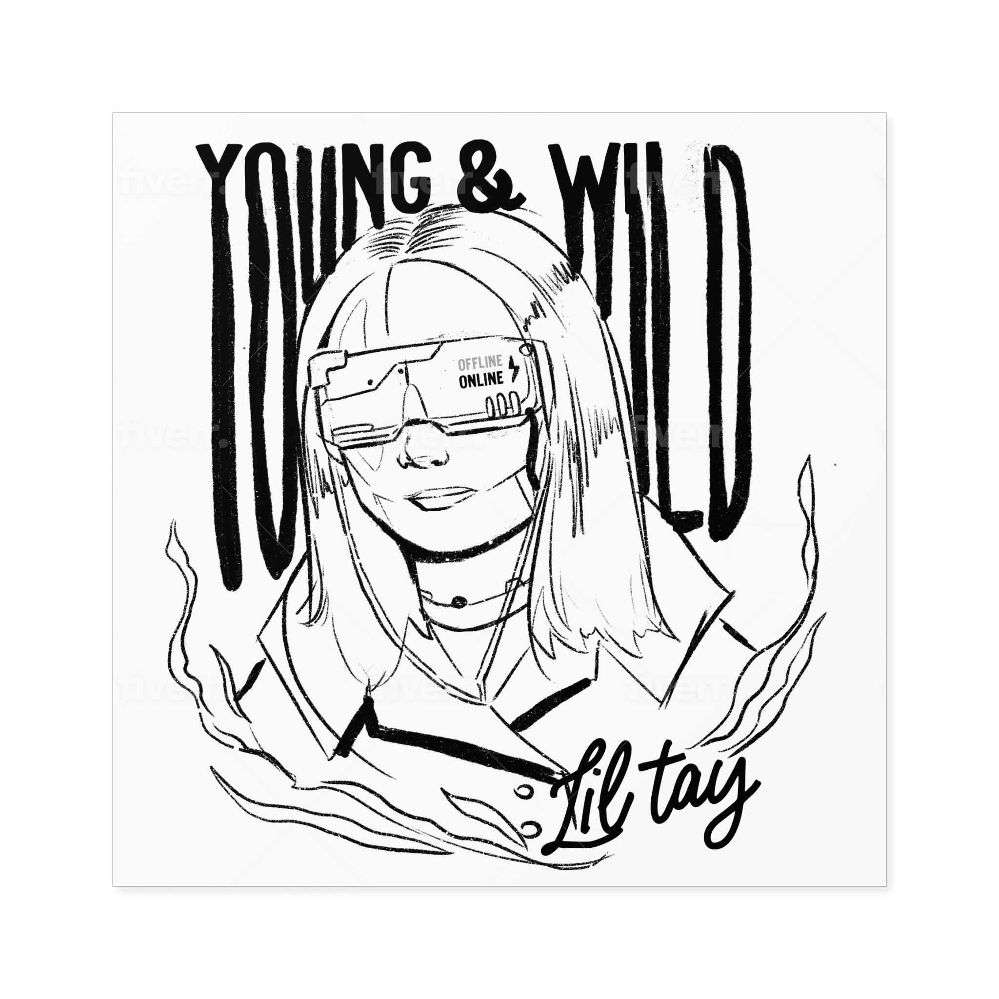 Young & Wild Square Sticker — 'Lil Tay' Black & White Illustration (Indoor/Outdoor)