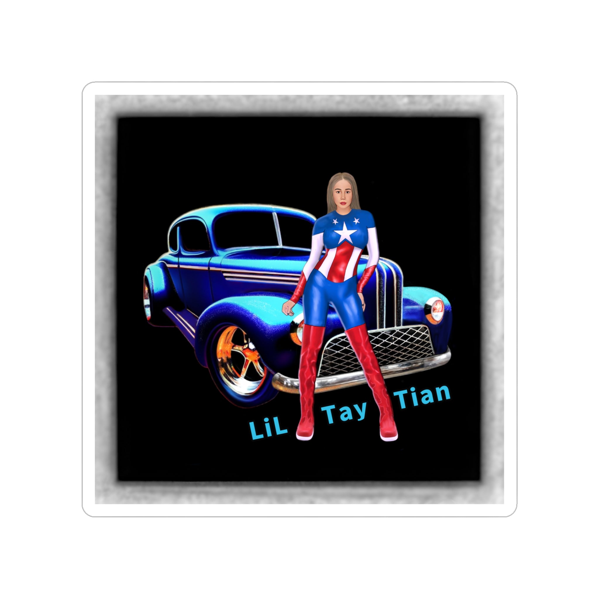 wrapped in the USA Flag  Retro vintage Blue Hot Rod  (“Lil Tay Tian”)  Die-Cut anyplace Sticker