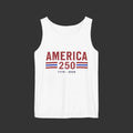 White tank top with 'AMERICA 250' text and stripes on a white background