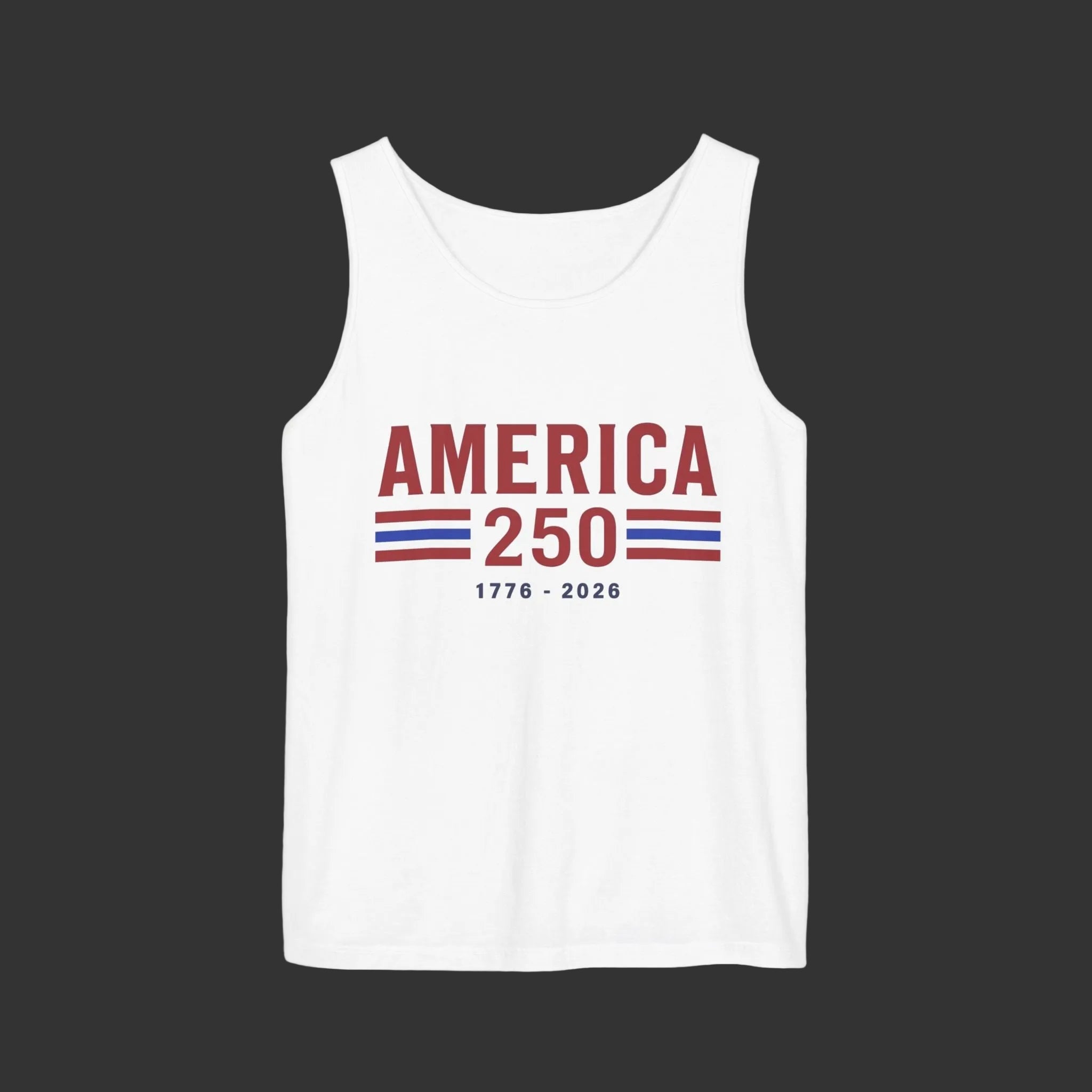 White tank top with 'AMERICA 250' text and stripes on a white background