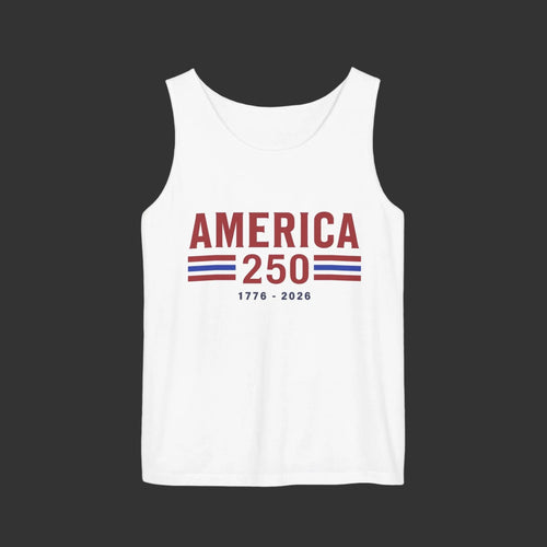 White tank top with 'AMERICA 250' text and stripes on a white background