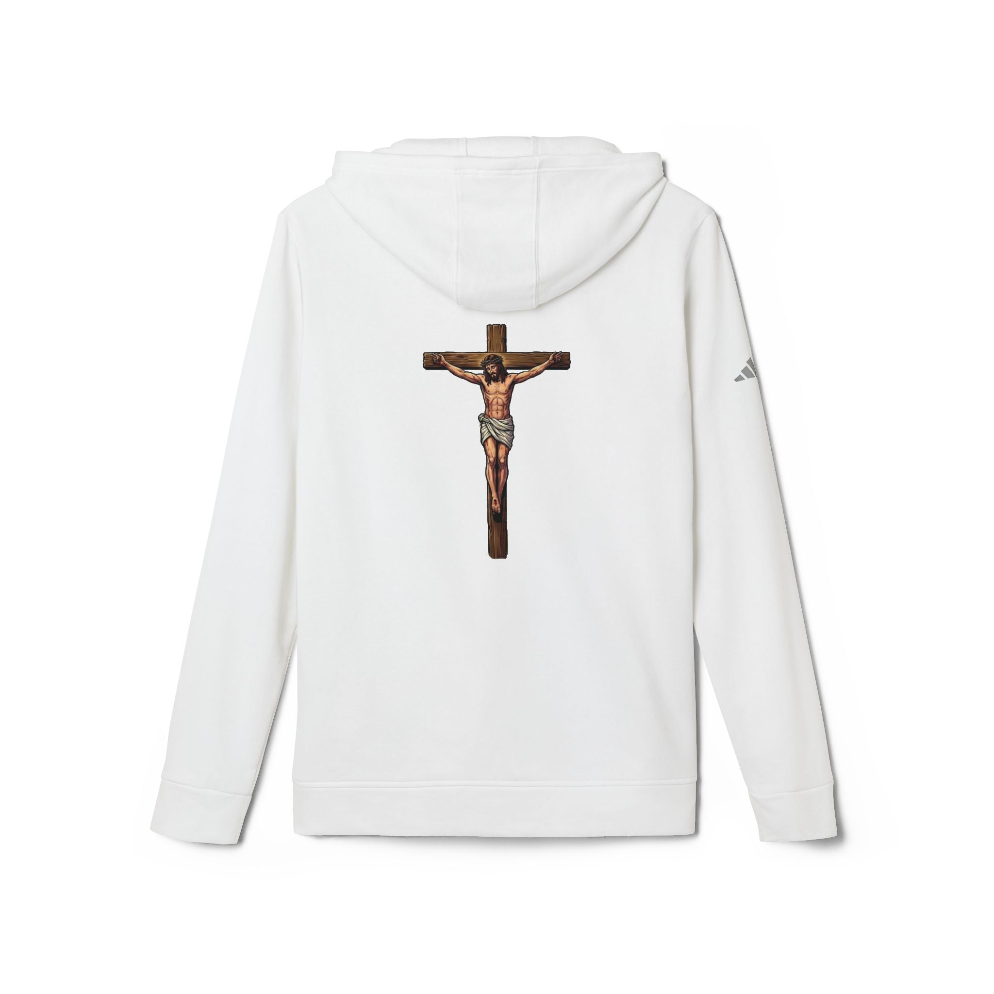 White hoodie with a crucifix design on the back against a white background