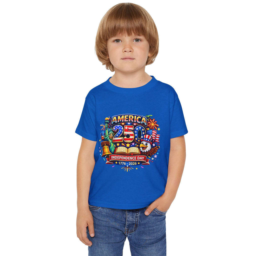 Child wearing a blue t-shirt with a colorful graphic design on a white background