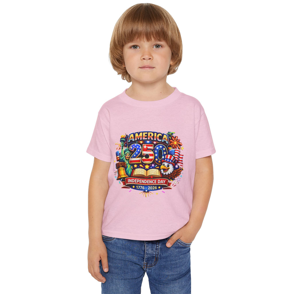 Child wearing a pink t-shirt with colorful graphics and text on a white background
