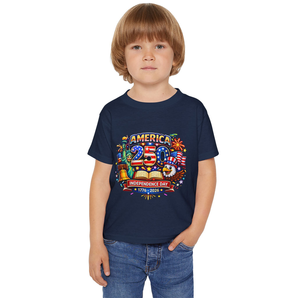 Child wearing a navy blue t-shirt with colorful graphics and text on a white background