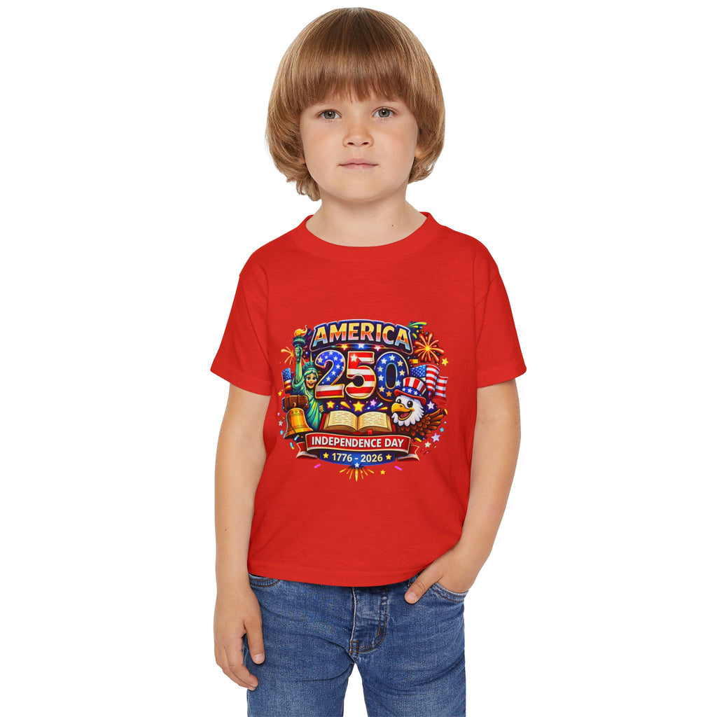 Child wearing a red t-shirt with colorful graphics and text on a white background