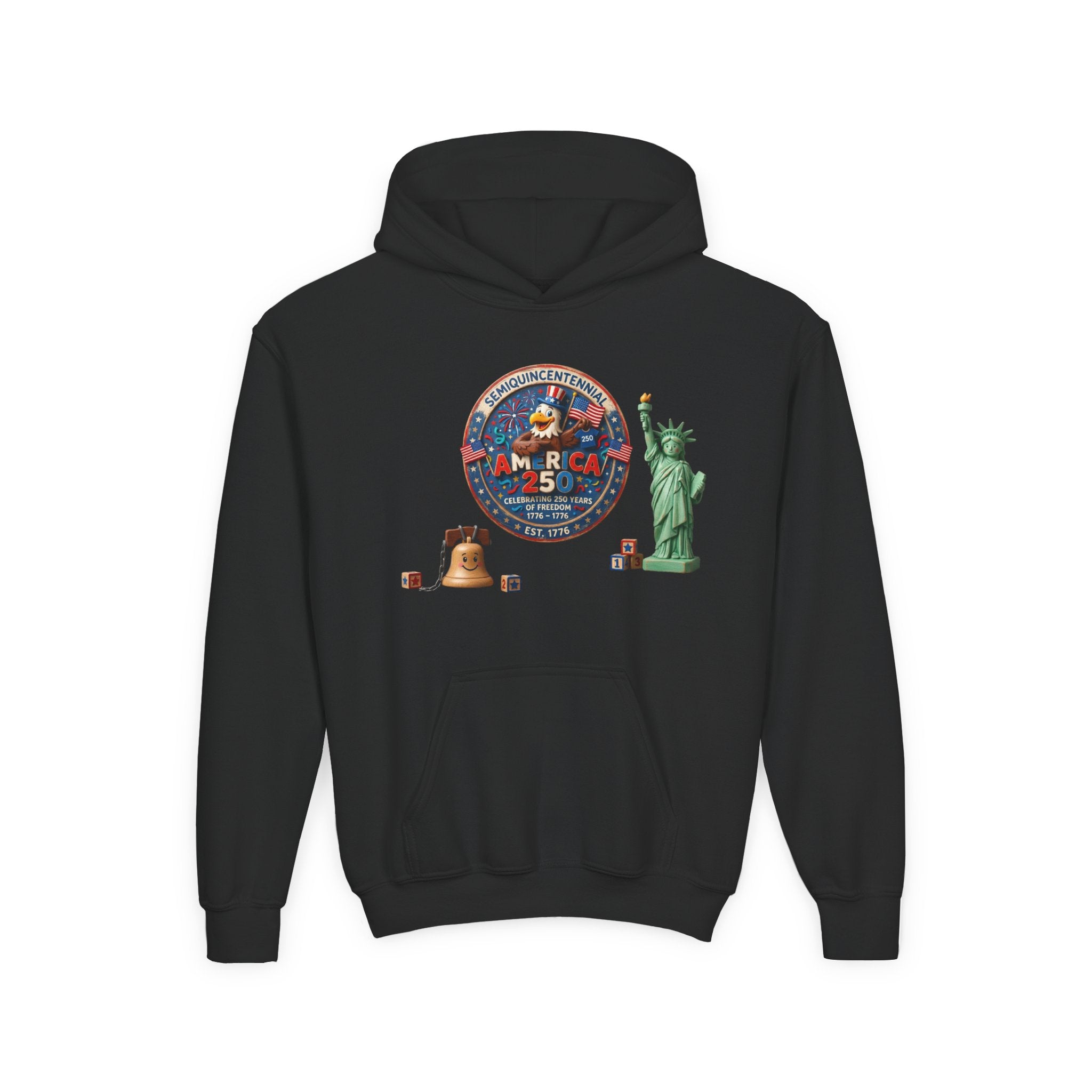 Black hoodie with a colorful graphic design on the back featuring a bear, American flag, and Statue of Liberty.