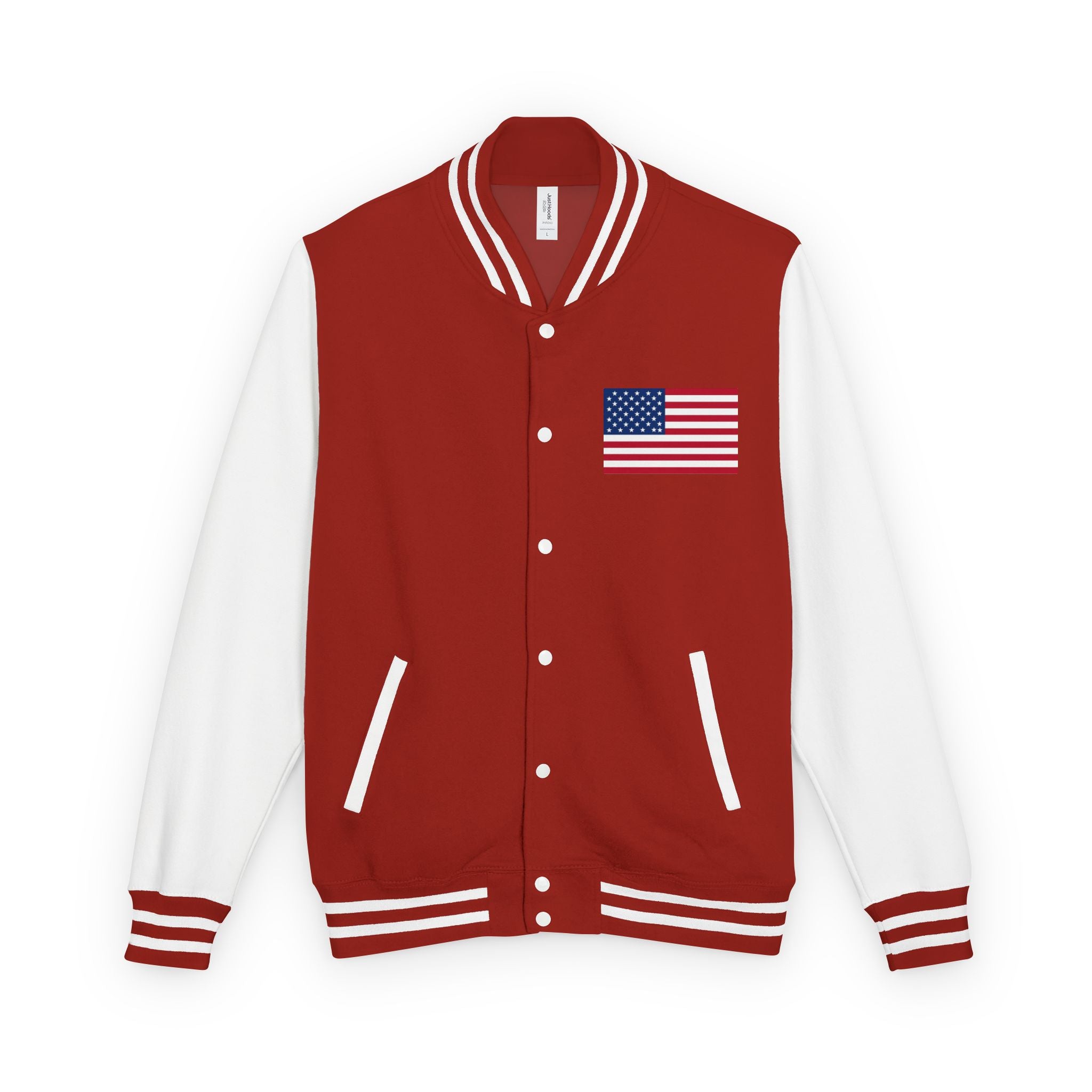 Red and white varsity jacket with American flag patch on a white background