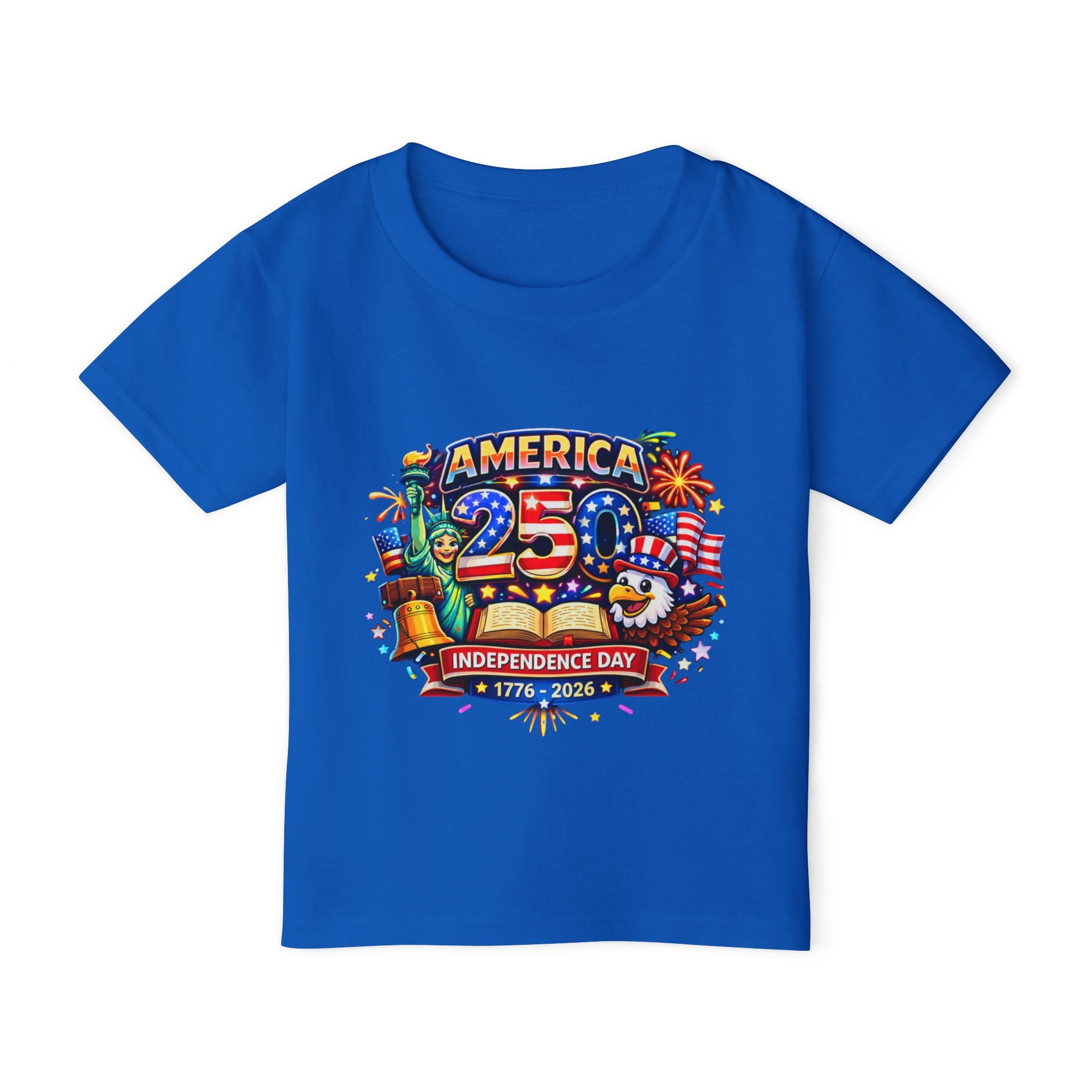 Blue t-shirt with 250th Independence Day celebration design on a white background