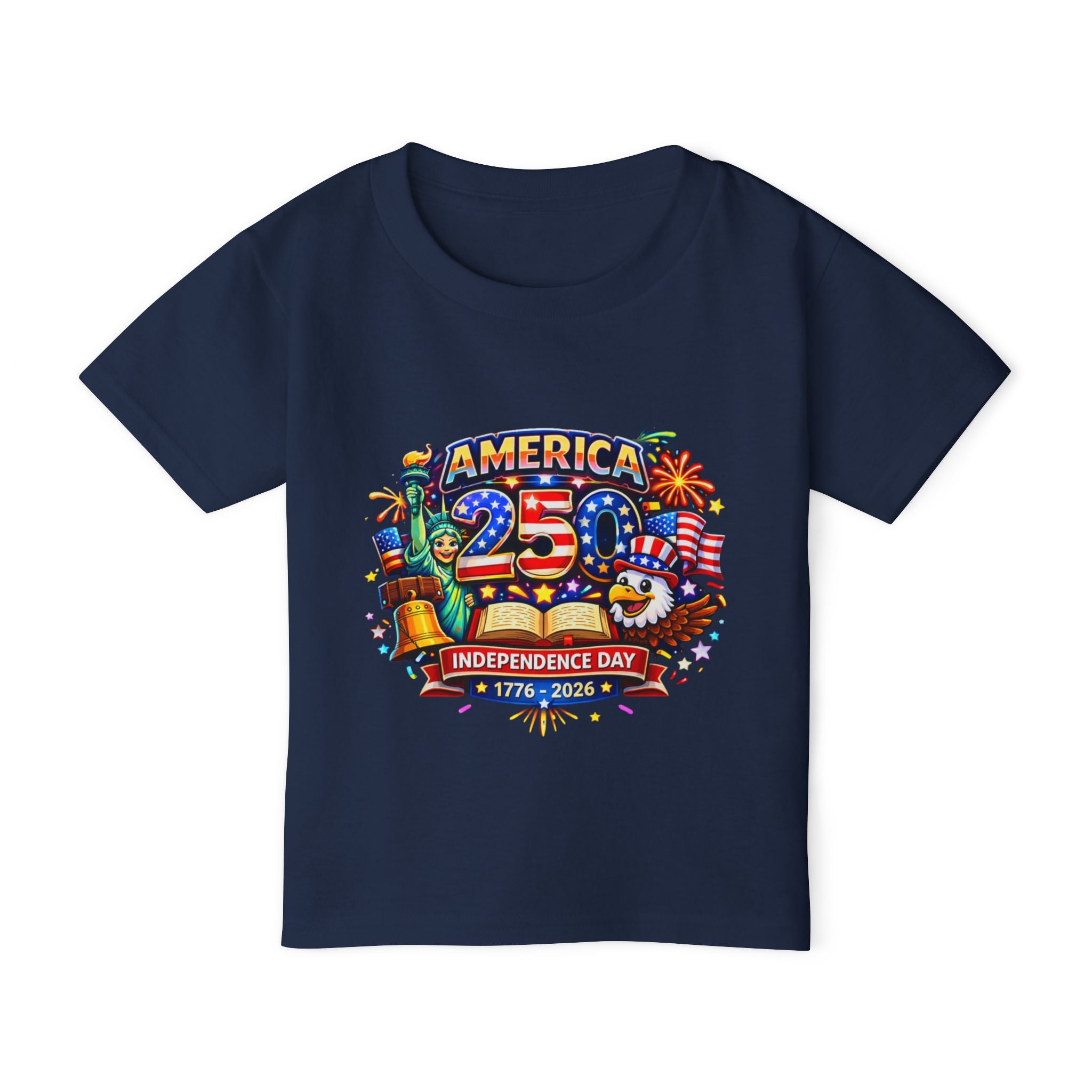 Navy blue t-shirt with colorful 'America 250th Independence Day' design on a white background