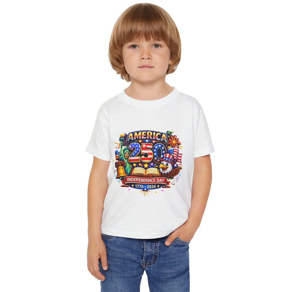 Child wearing a white t-shirt with a colorful graphic design on a white background
