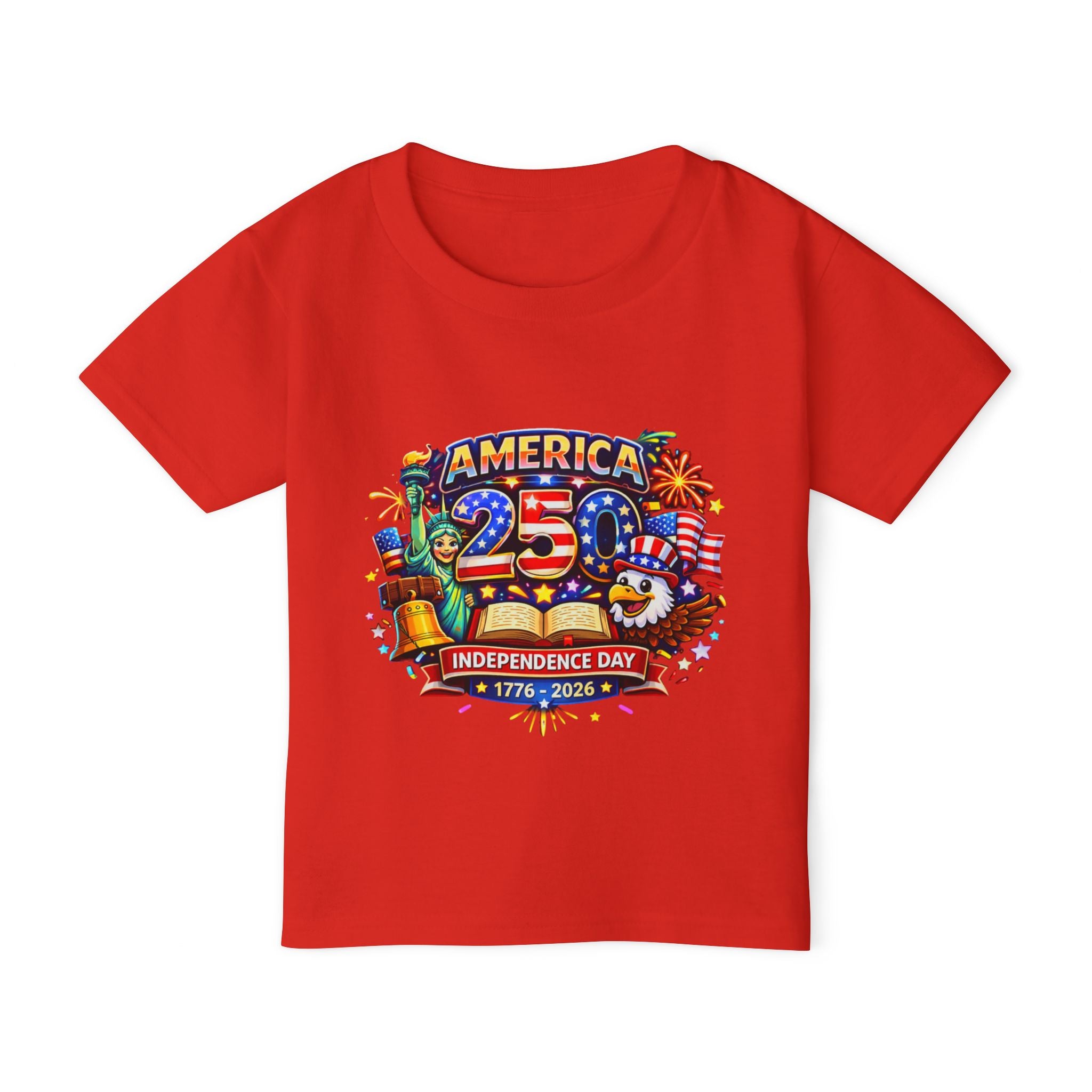 Red t-shirt with 250th Independence Day celebration design on a white background