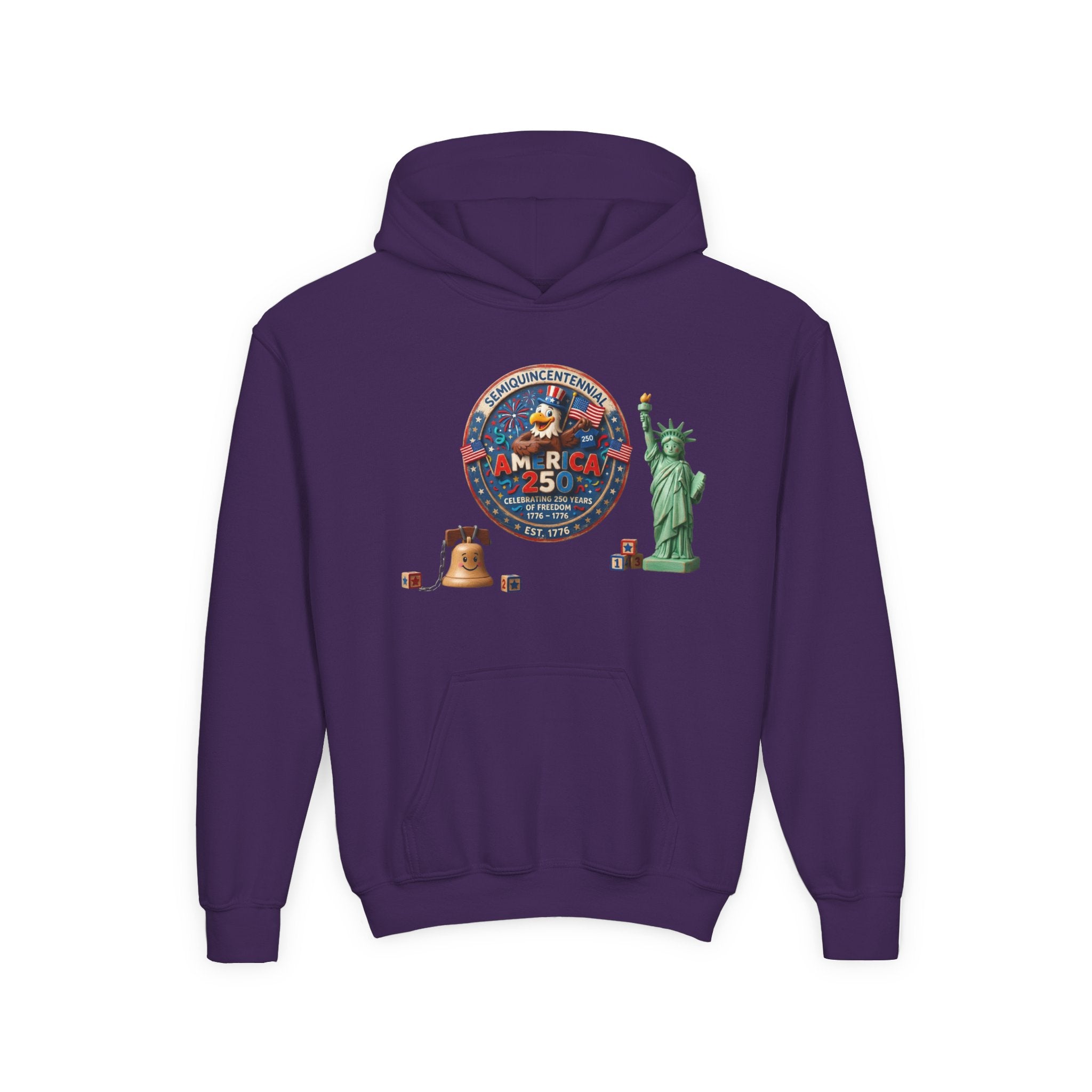 Purple hoodie with a colorful graphic design on the back against a white background