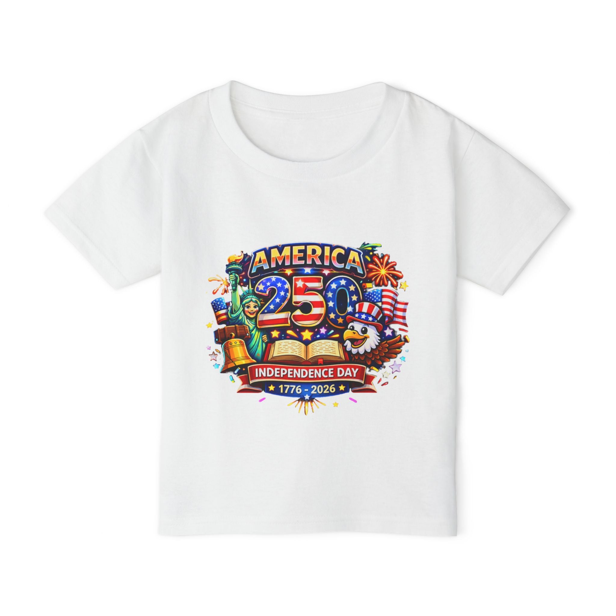 White t-shirt with colorful 'America 250th Independence Day' graphic on a white background