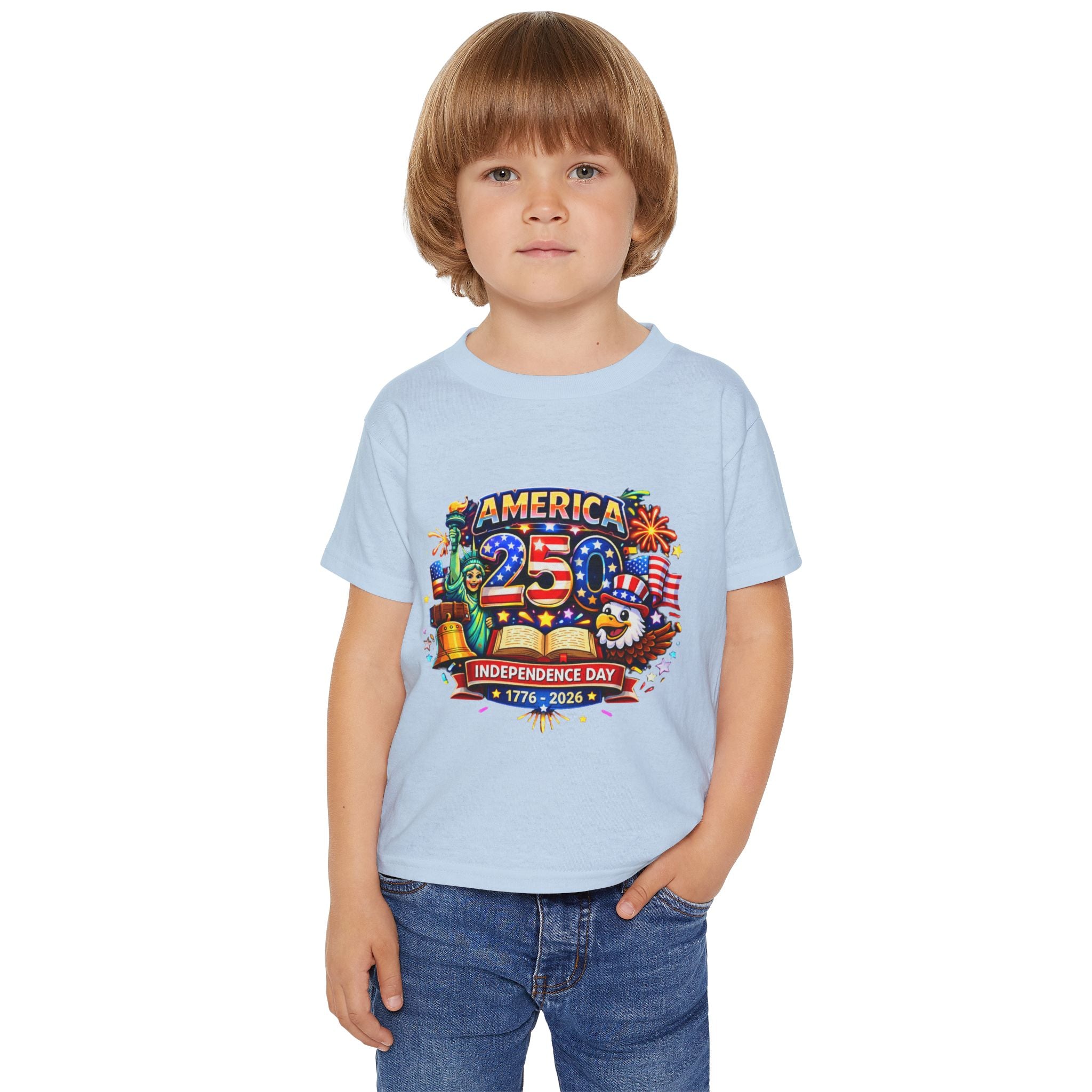 Child wearing a light blue t-shirt with a colorful 'America 250th Independence Day' design on a white background