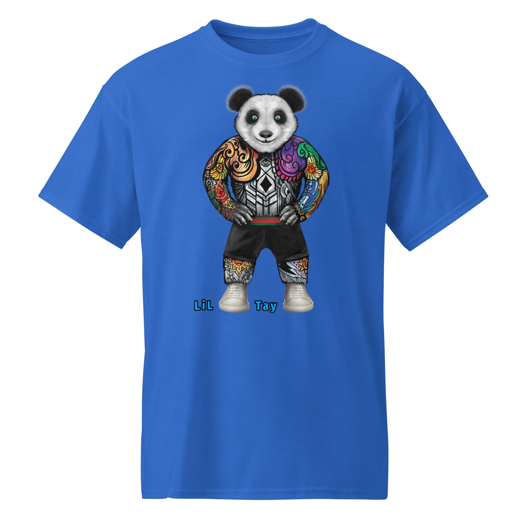 Blue t-shirt with a panda design holding colorful objects on a white background