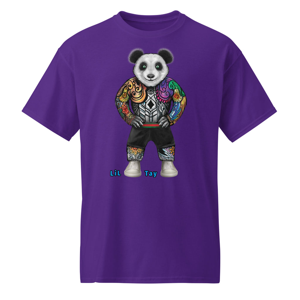 Purple t-shirt with a panda bear design featuring tattoos and colorful patterns on a white background.
