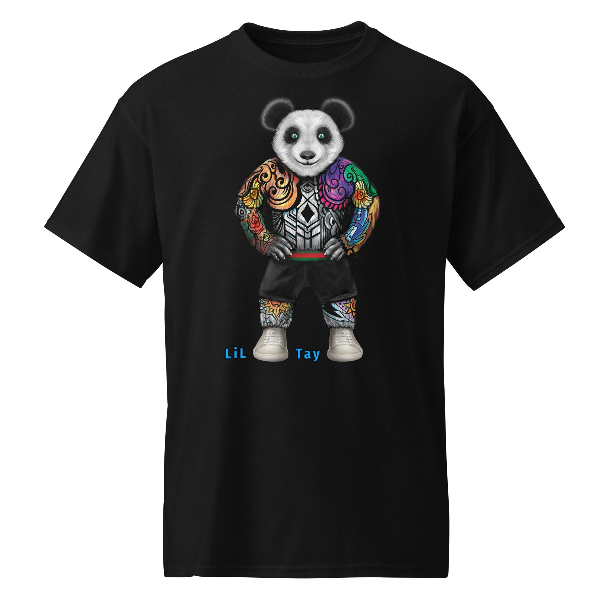 Black t-shirt with a panda design and 'Lil Tay' text on a white background