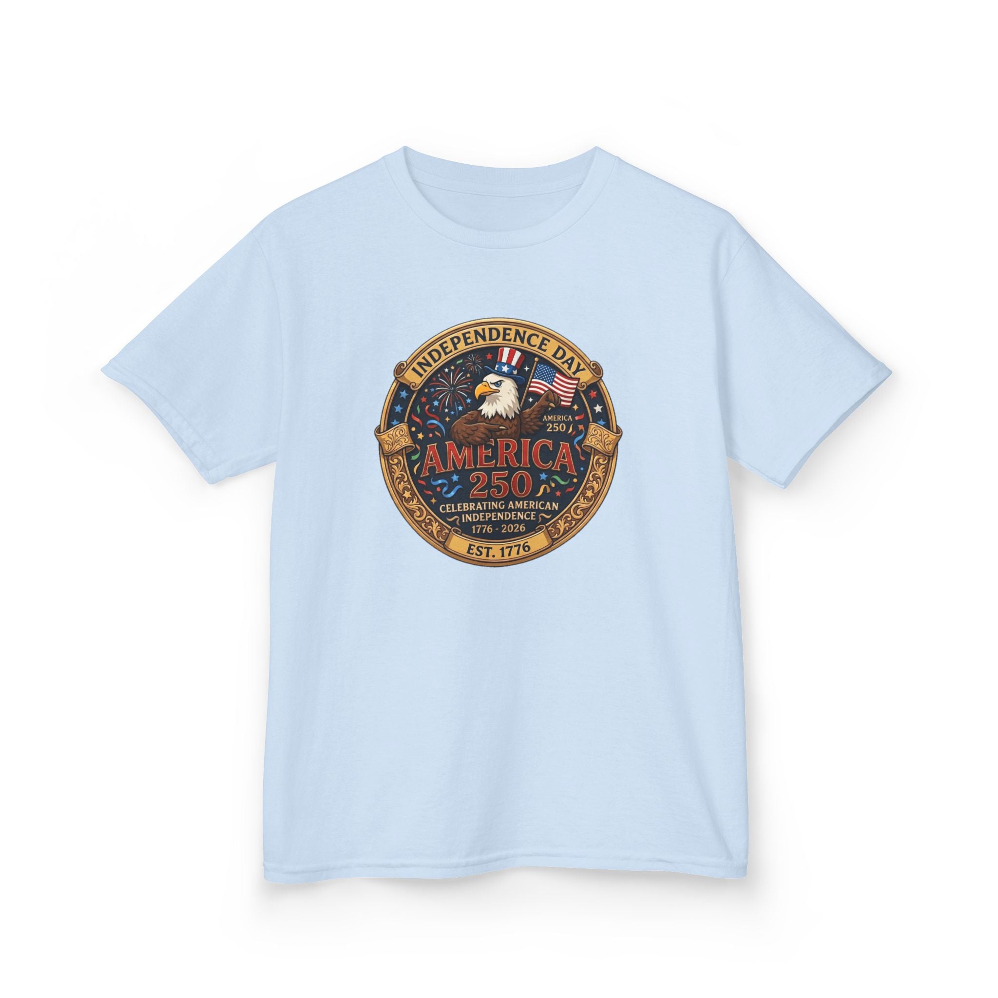 Light blue t-shirt with a 'America 250' graphic design on a white background liltay 