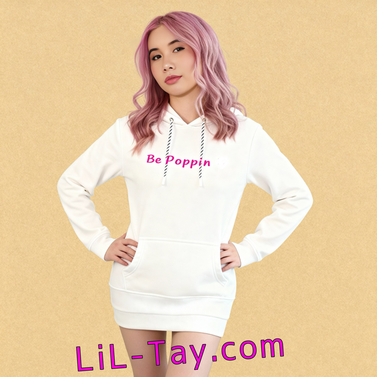 liltay white be poppin hoodie piny hair standing up orang yellow background 