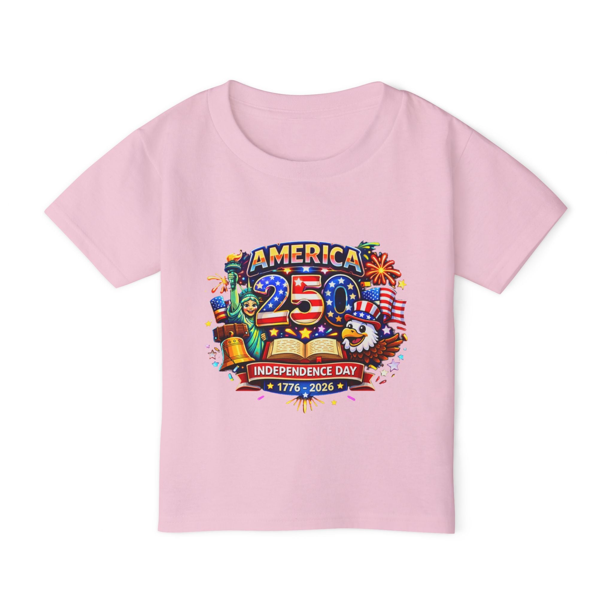 Pink t-shirt with 250th Independence Day celebration graphic on a white background
